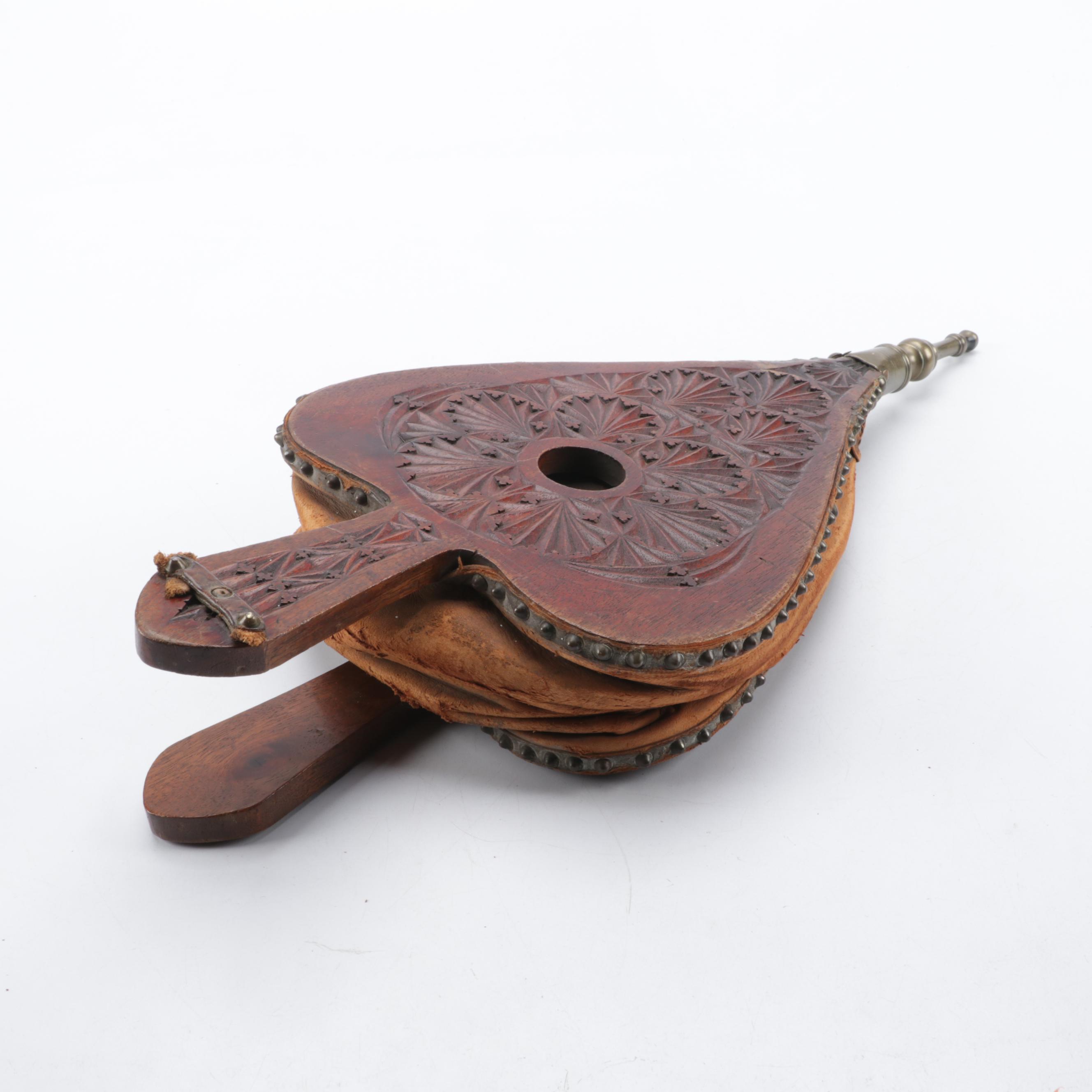 Black Forest Style Carved Oak and Leather Fireplace Bellows