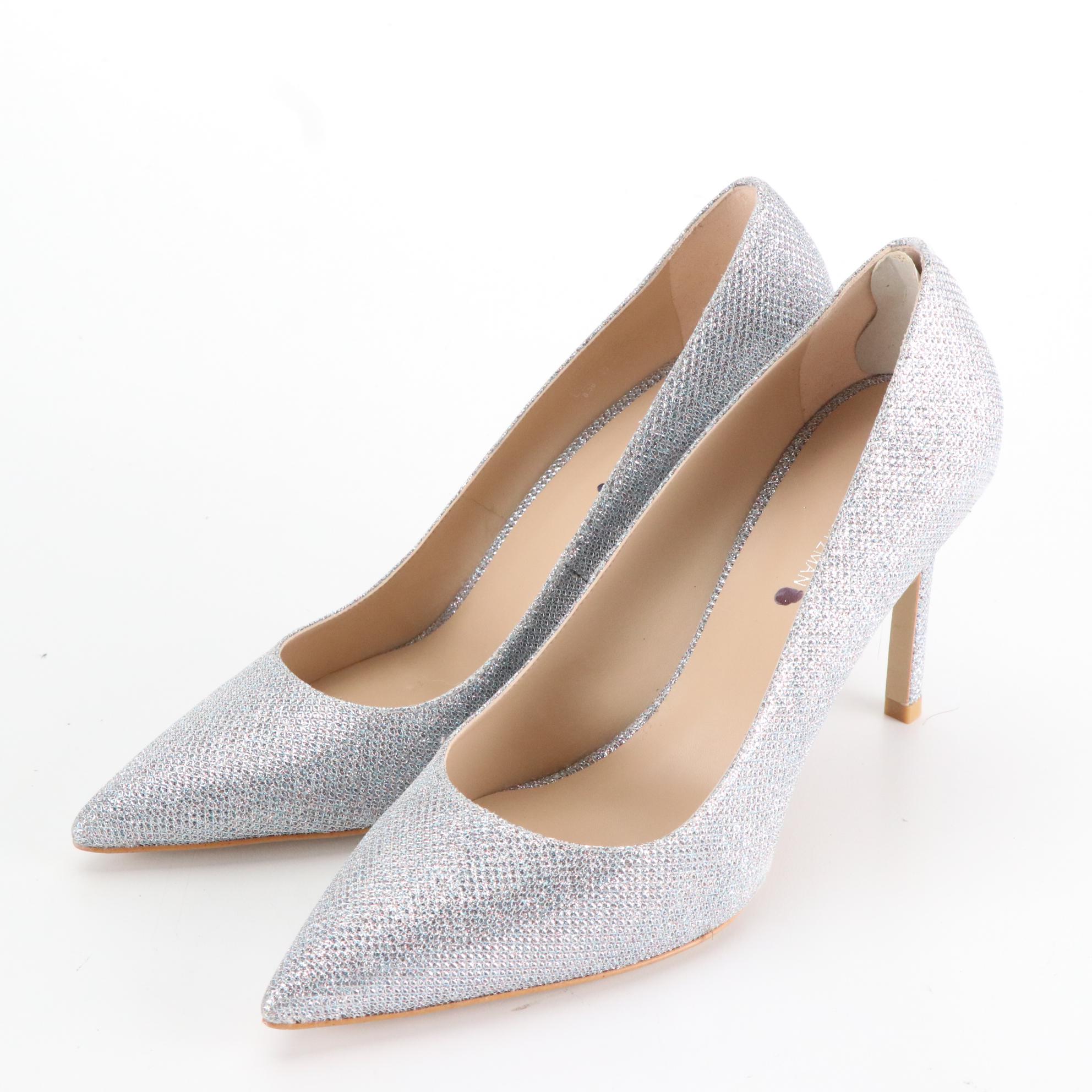 Stuart Weitzman Aleena Mule Sandals and Silver Glitter Pumps, New in Box