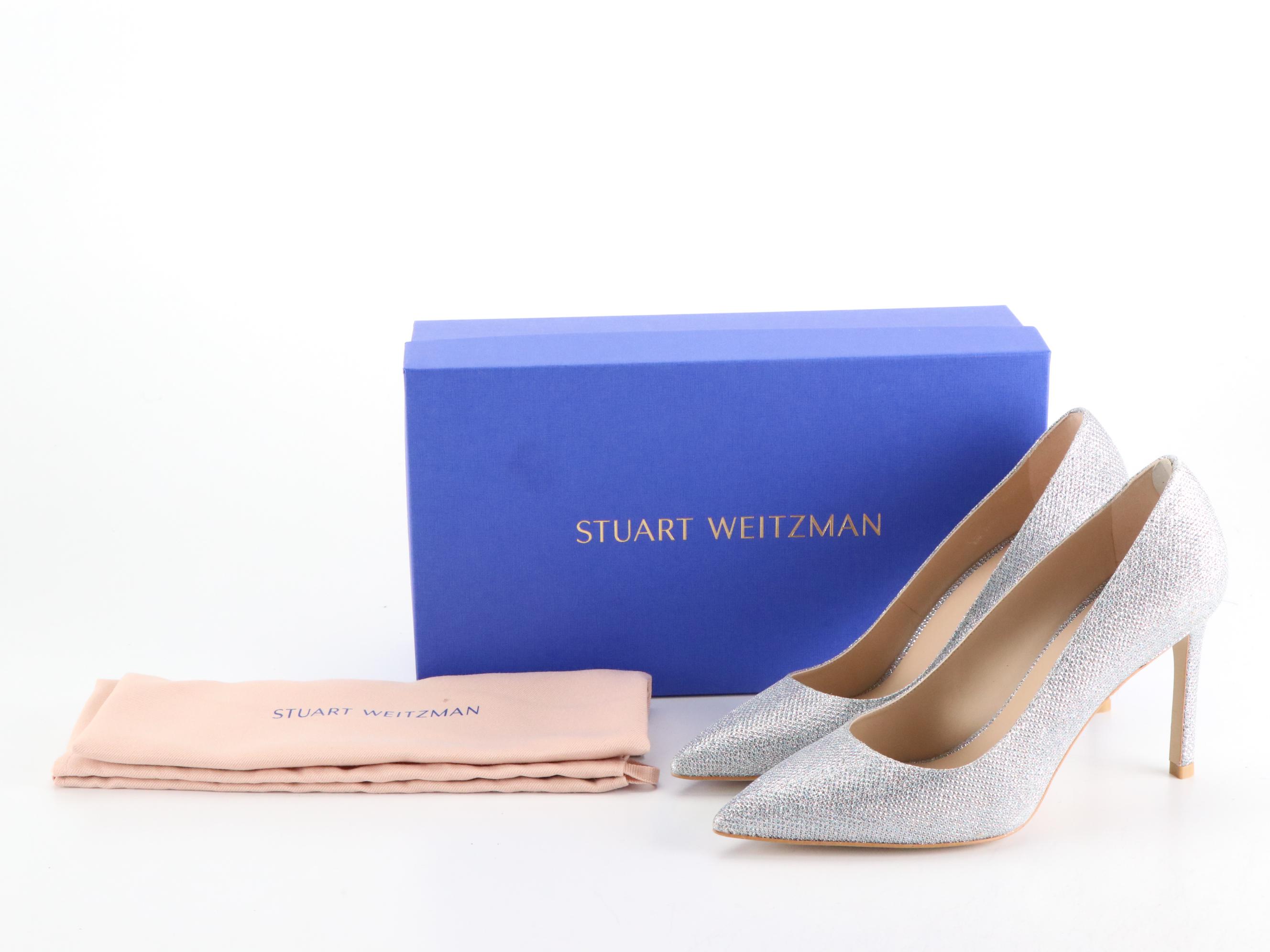 Stuart Weitzman Aleena Mule Sandals and Silver Glitter Pumps, New in Box