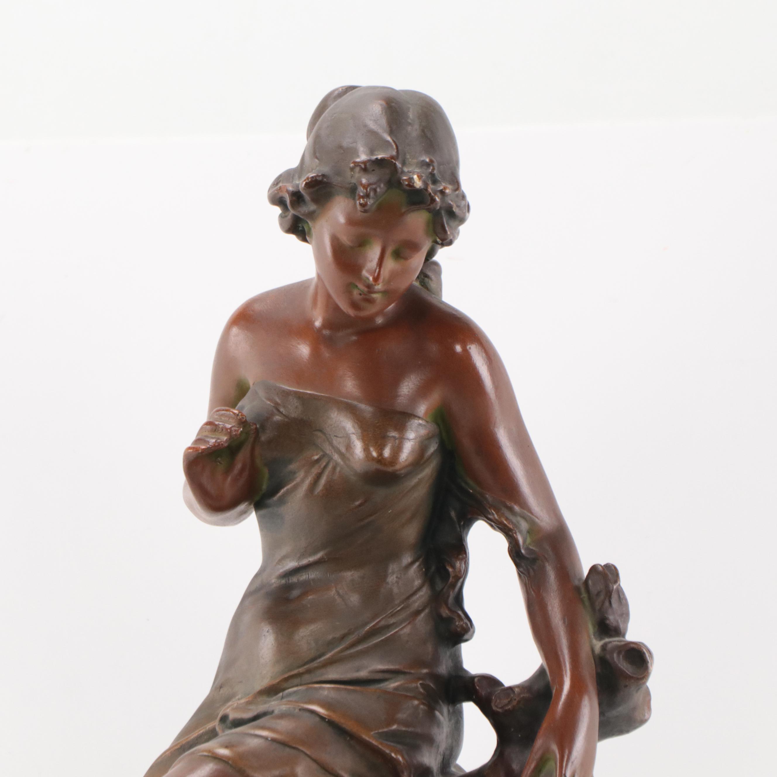 Art Nouveau Bronze-Finish Plaster Statue of a Bather