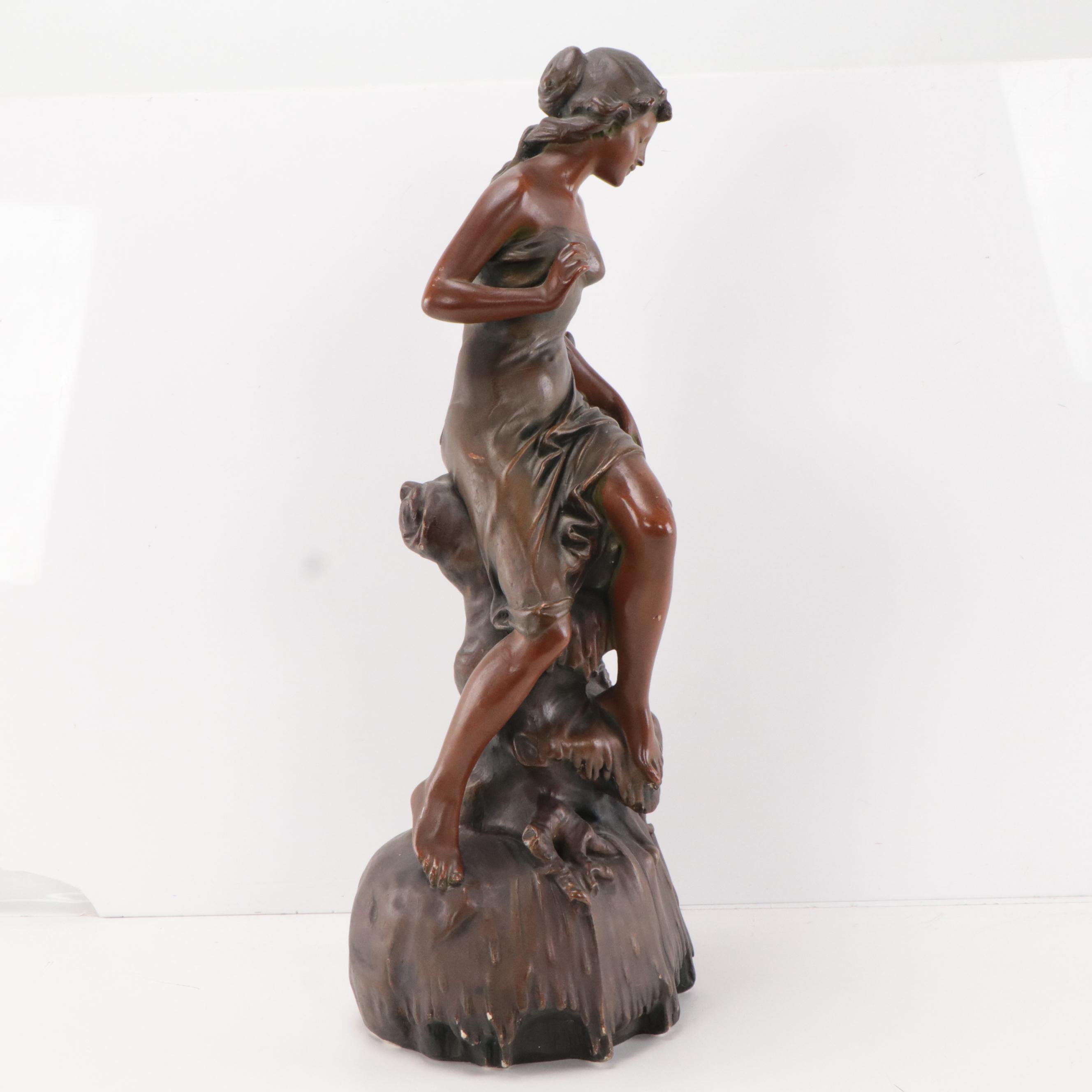 Art Nouveau Bronze-Finish Plaster Statue of a Bather