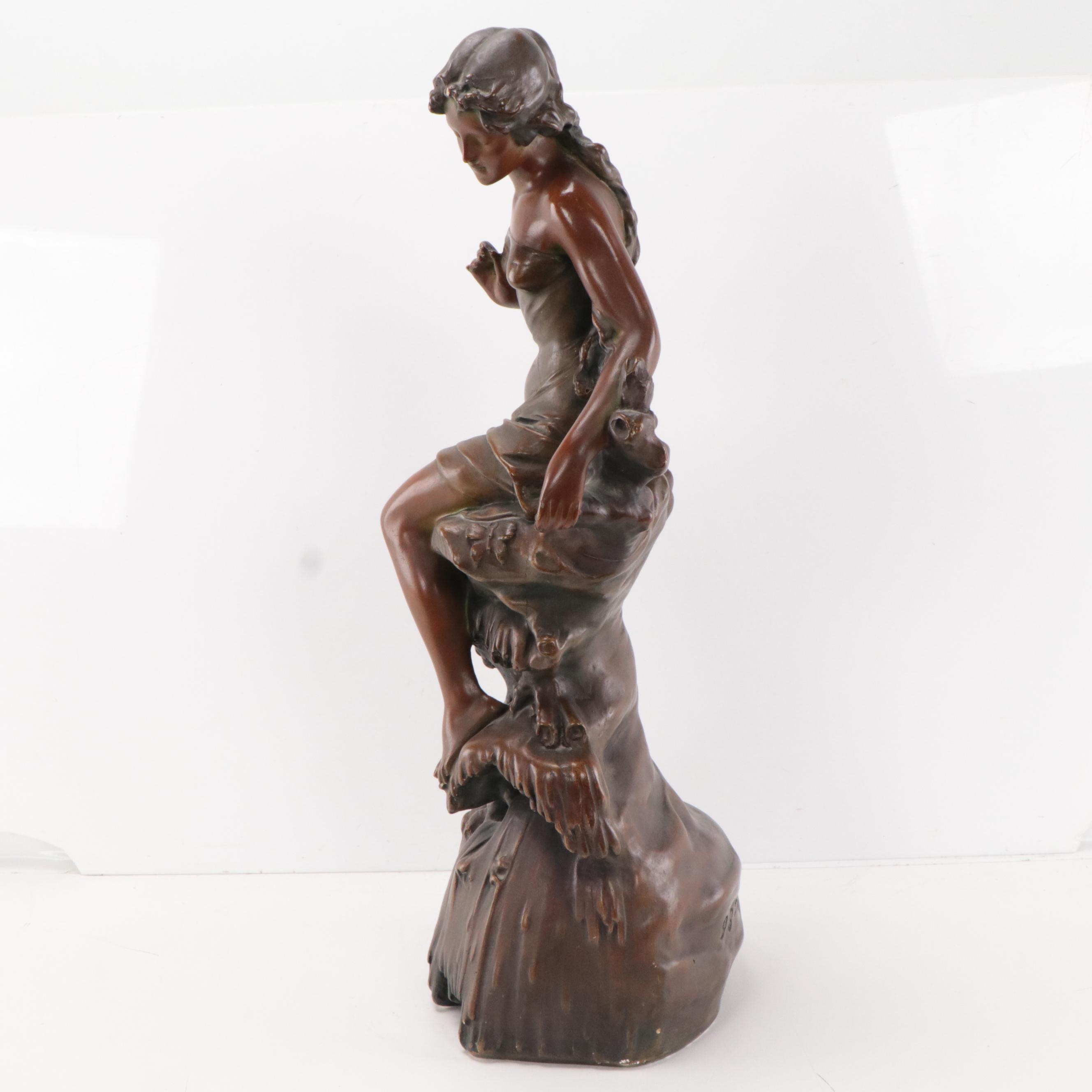 Art Nouveau Bronze-Finish Plaster Statue of a Bather