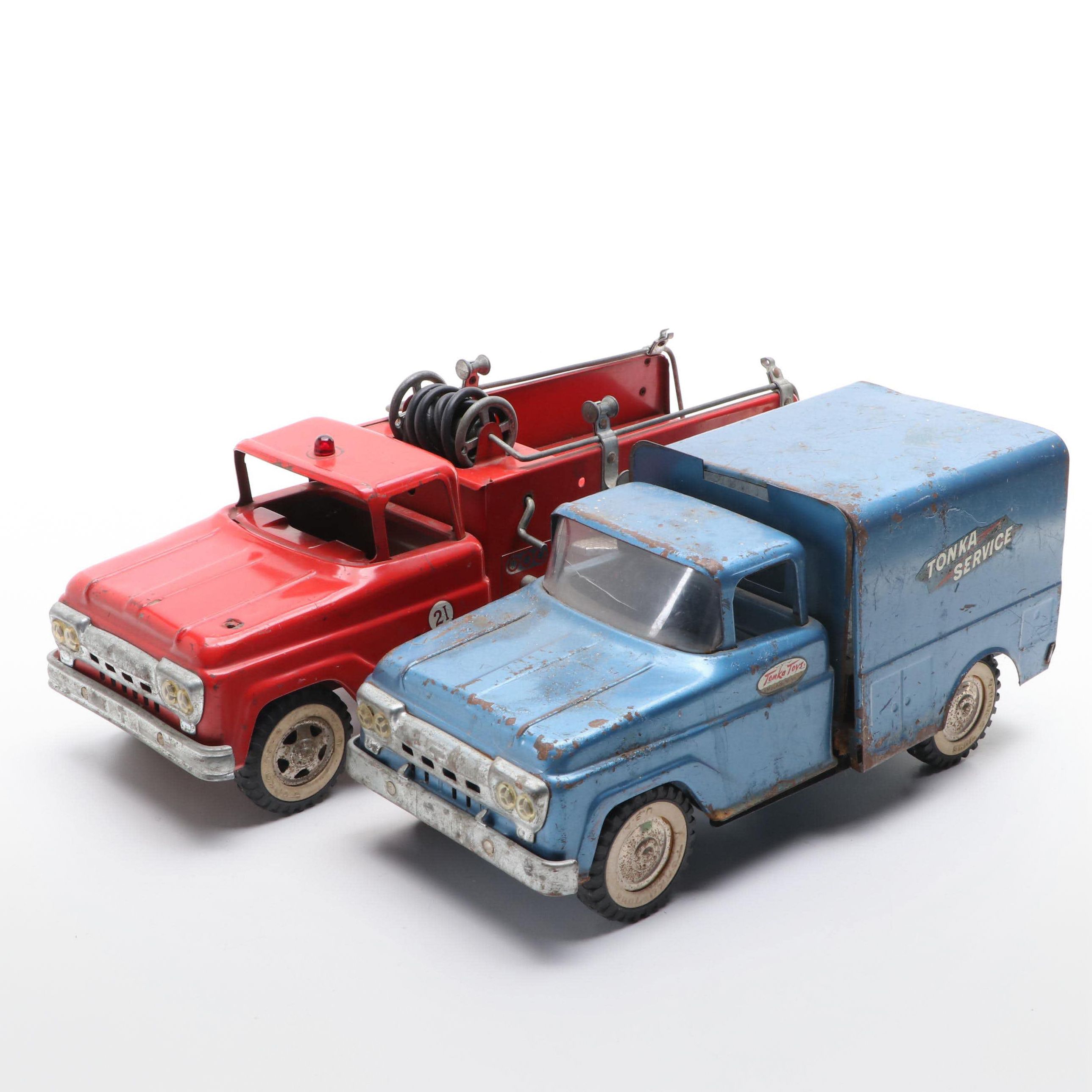 Tonka Toy Service Truck and Fire Truck, Mid-20th Century