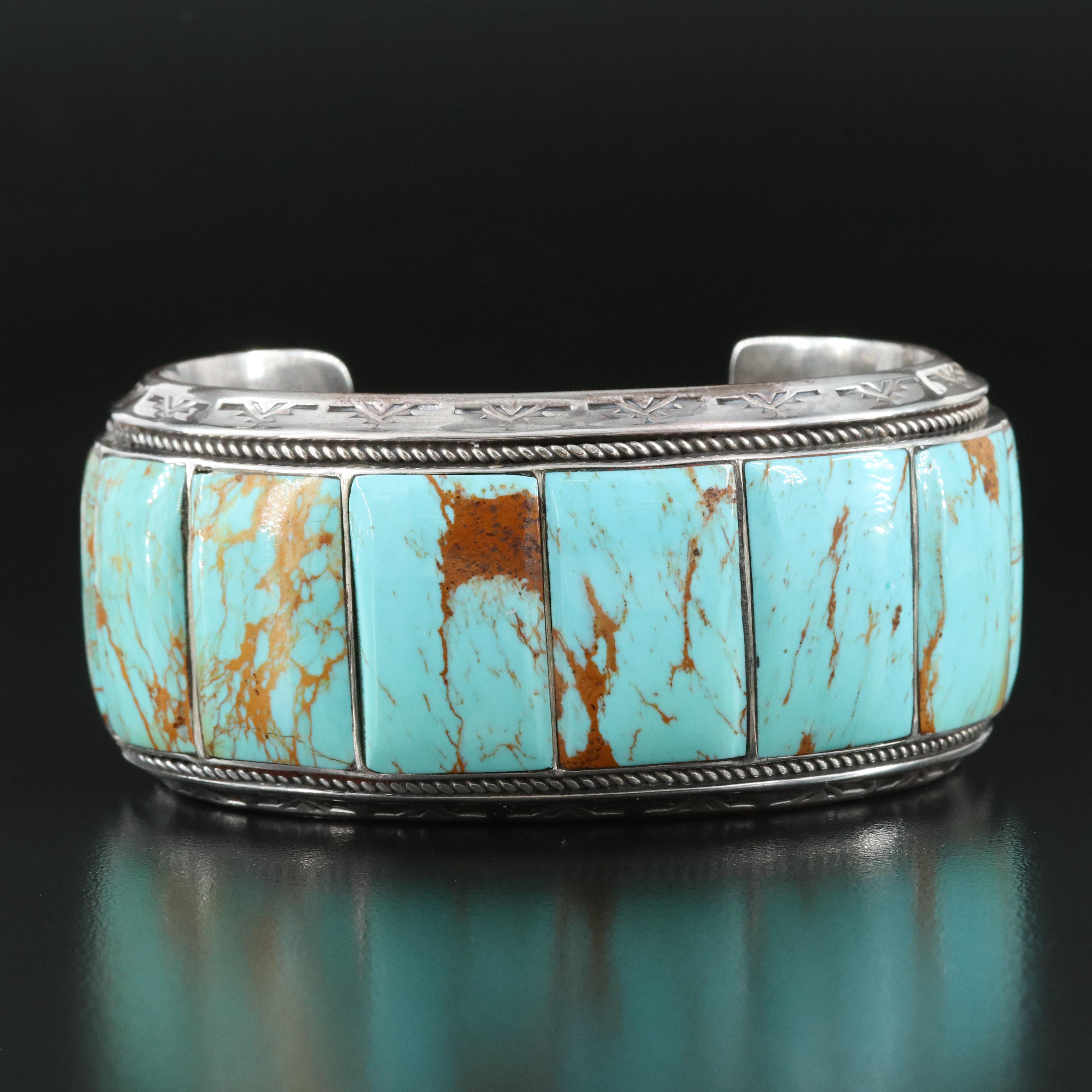 Jeff Cly Southwestern Sterling Imitation Turquoise Stampwork Cuff