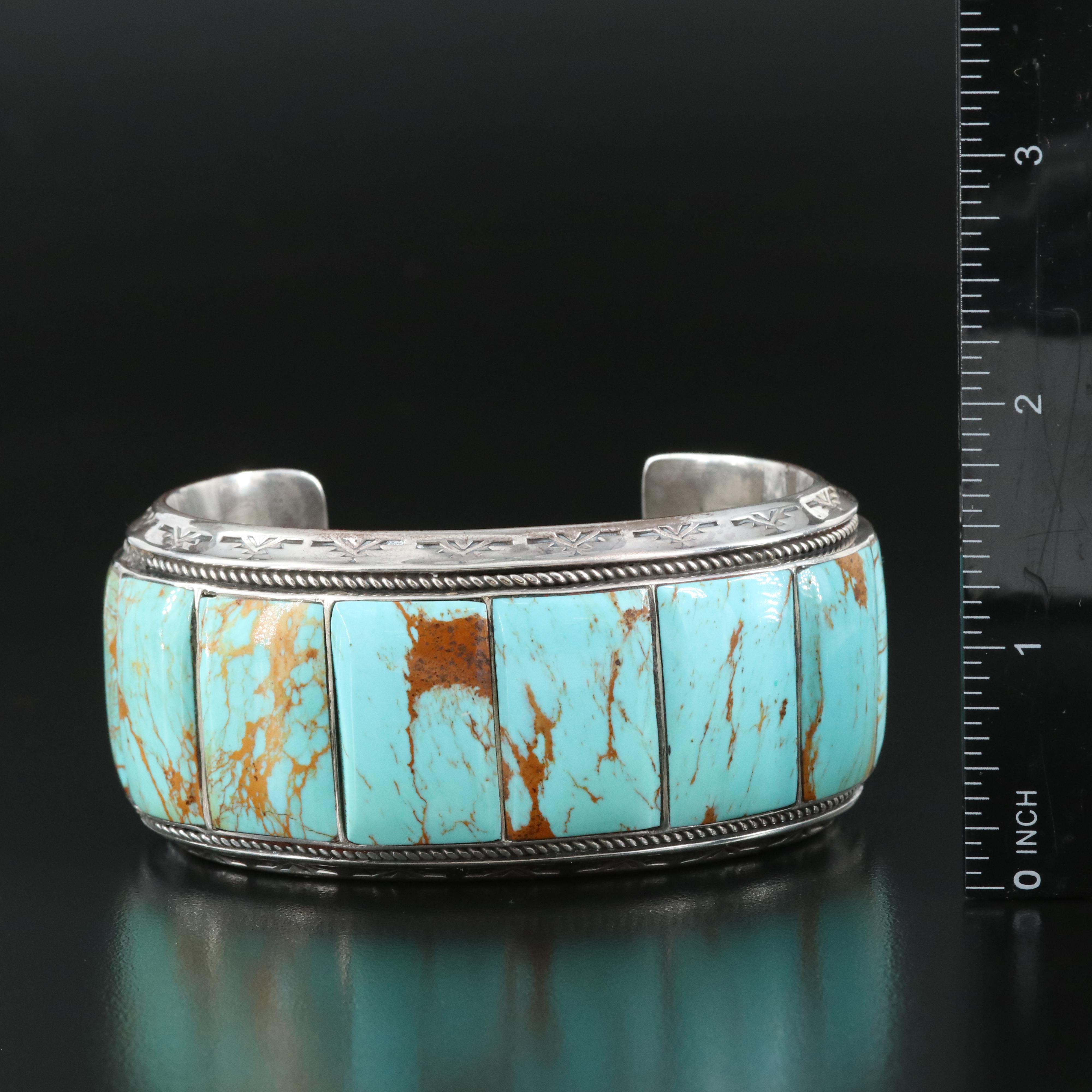 Jeff Cly Southwestern Sterling Imitation Turquoise Stampwork Cuff