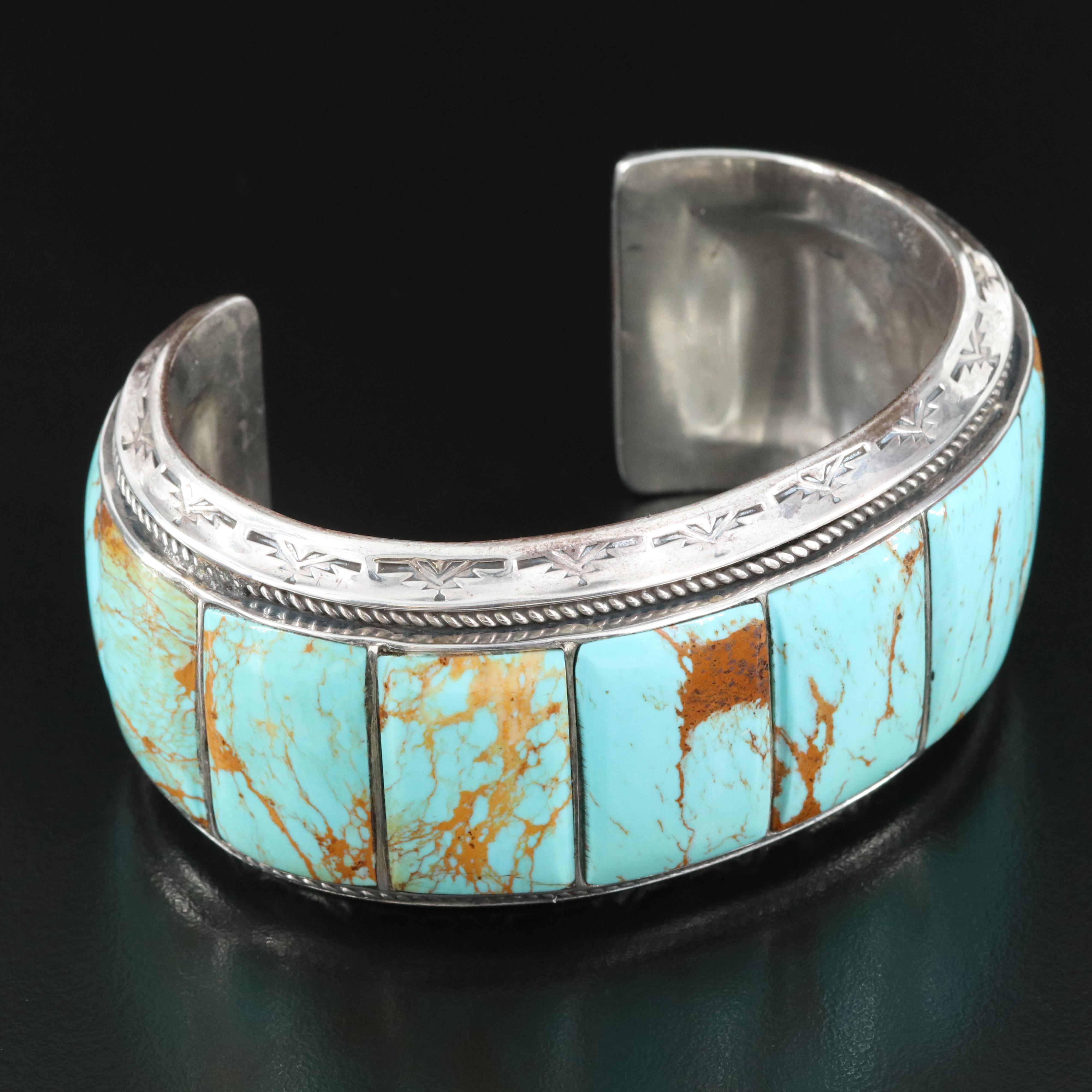Jeff Cly Southwestern Sterling Imitation Turquoise Stampwork Cuff