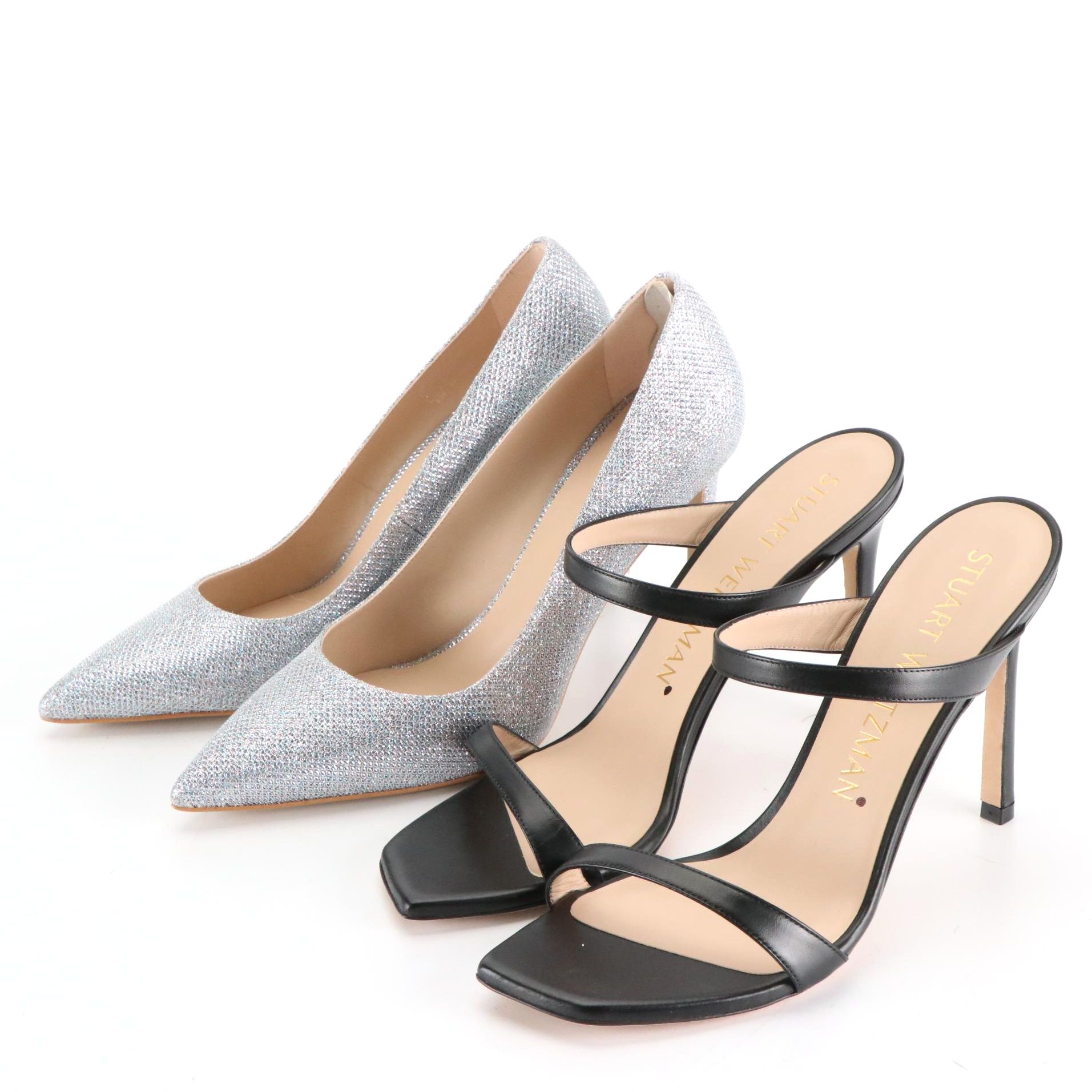 Stuart Weitzman Aleena Mule Sandals and Silver Glitter Pumps, New in Box