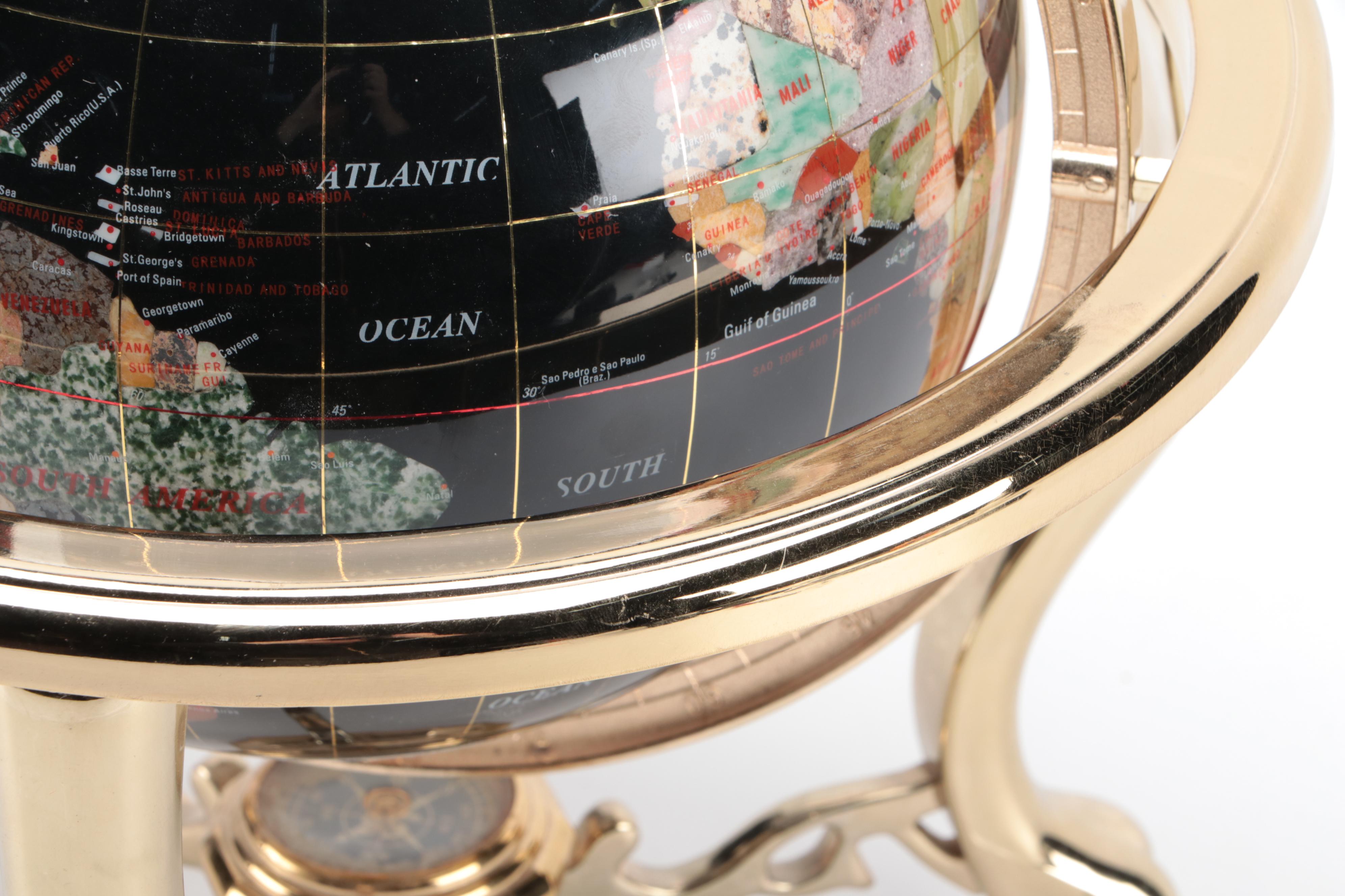 Abalone, Marble and Stone Inlay Globe on Brass Finish Metal Stand with Compass