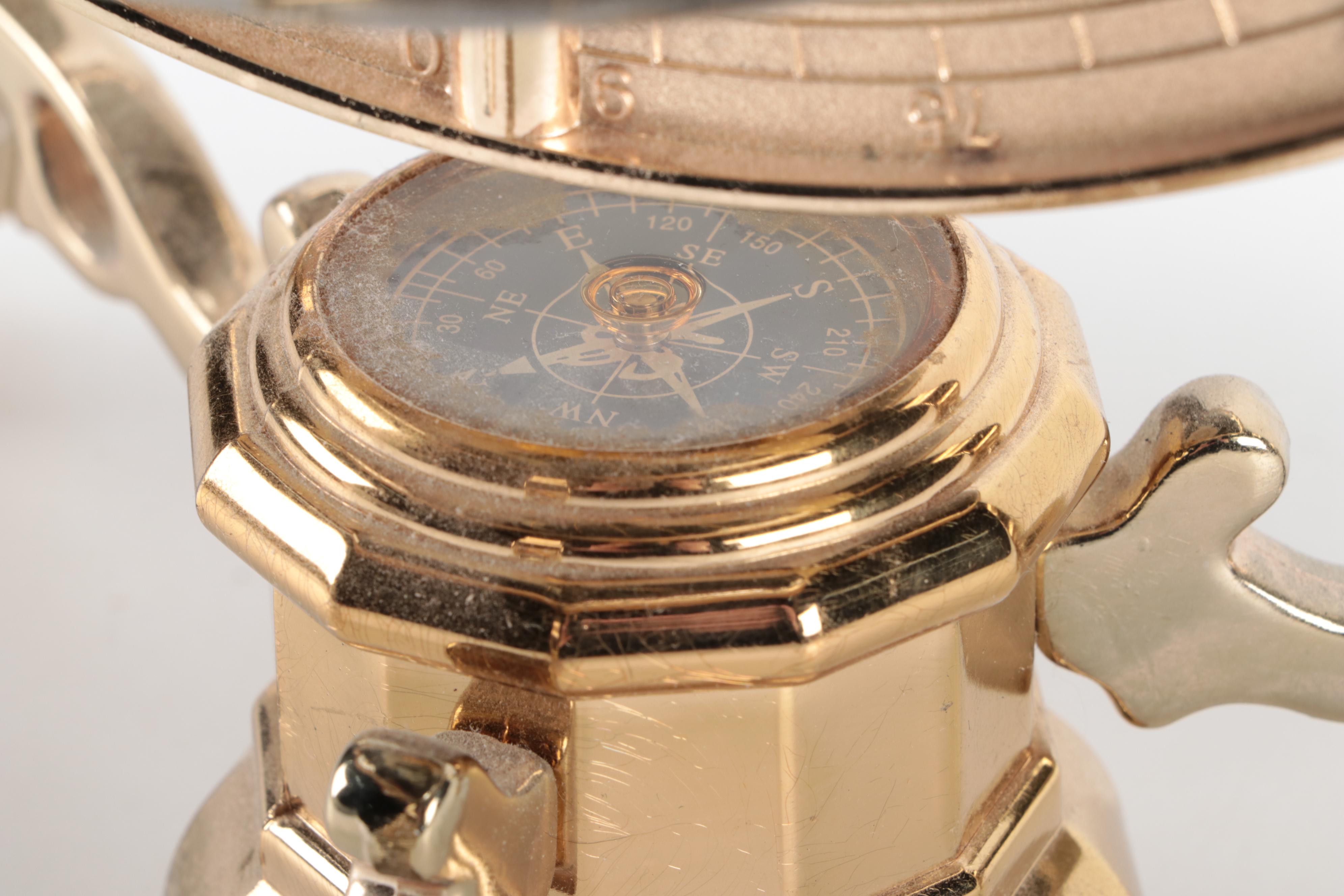 Abalone, Marble and Stone Inlay Globe on Brass Finish Metal Stand with Compass