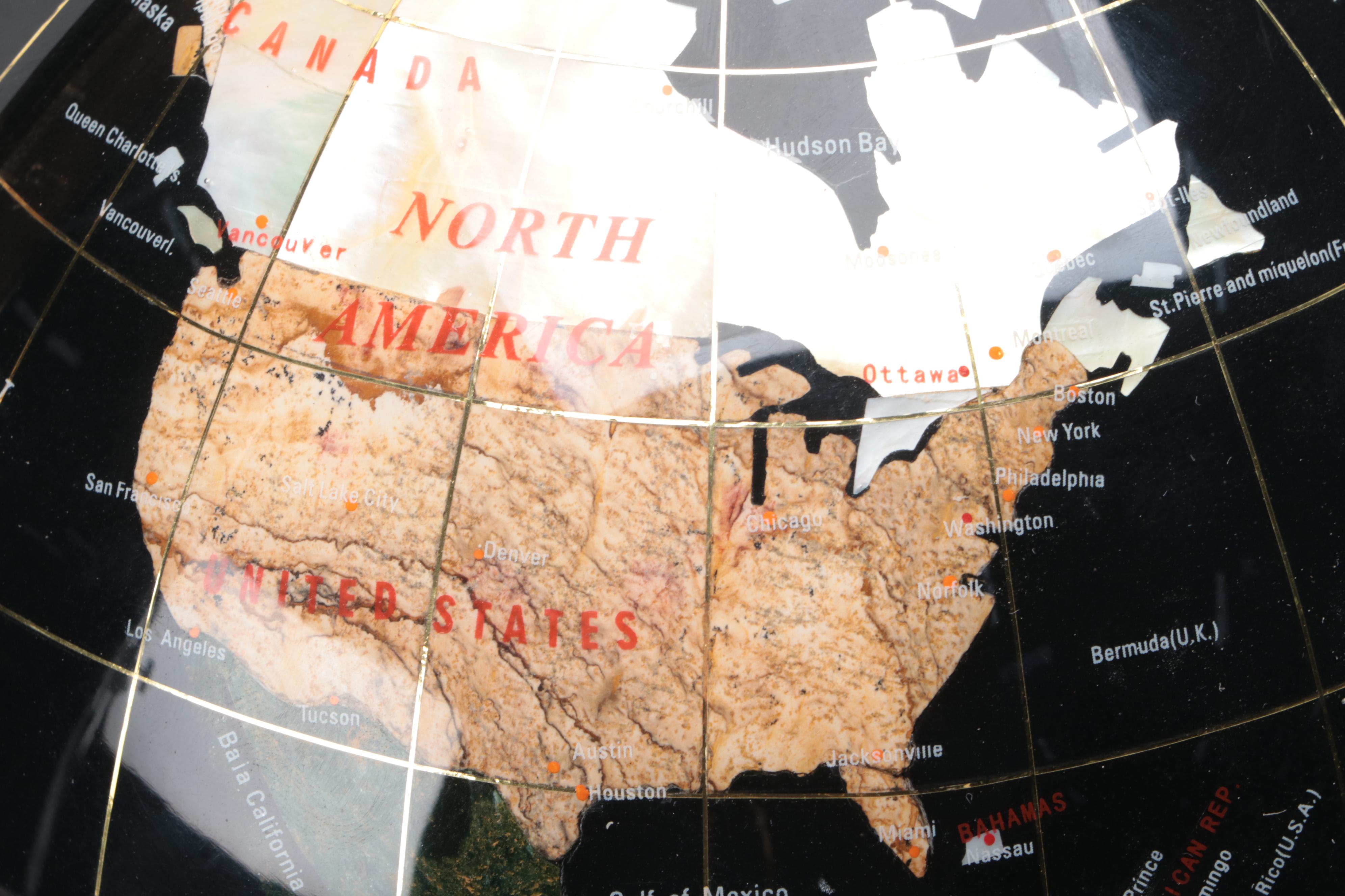 Abalone, Marble and Stone Inlay Globe on Brass Finish Metal Stand with Compass