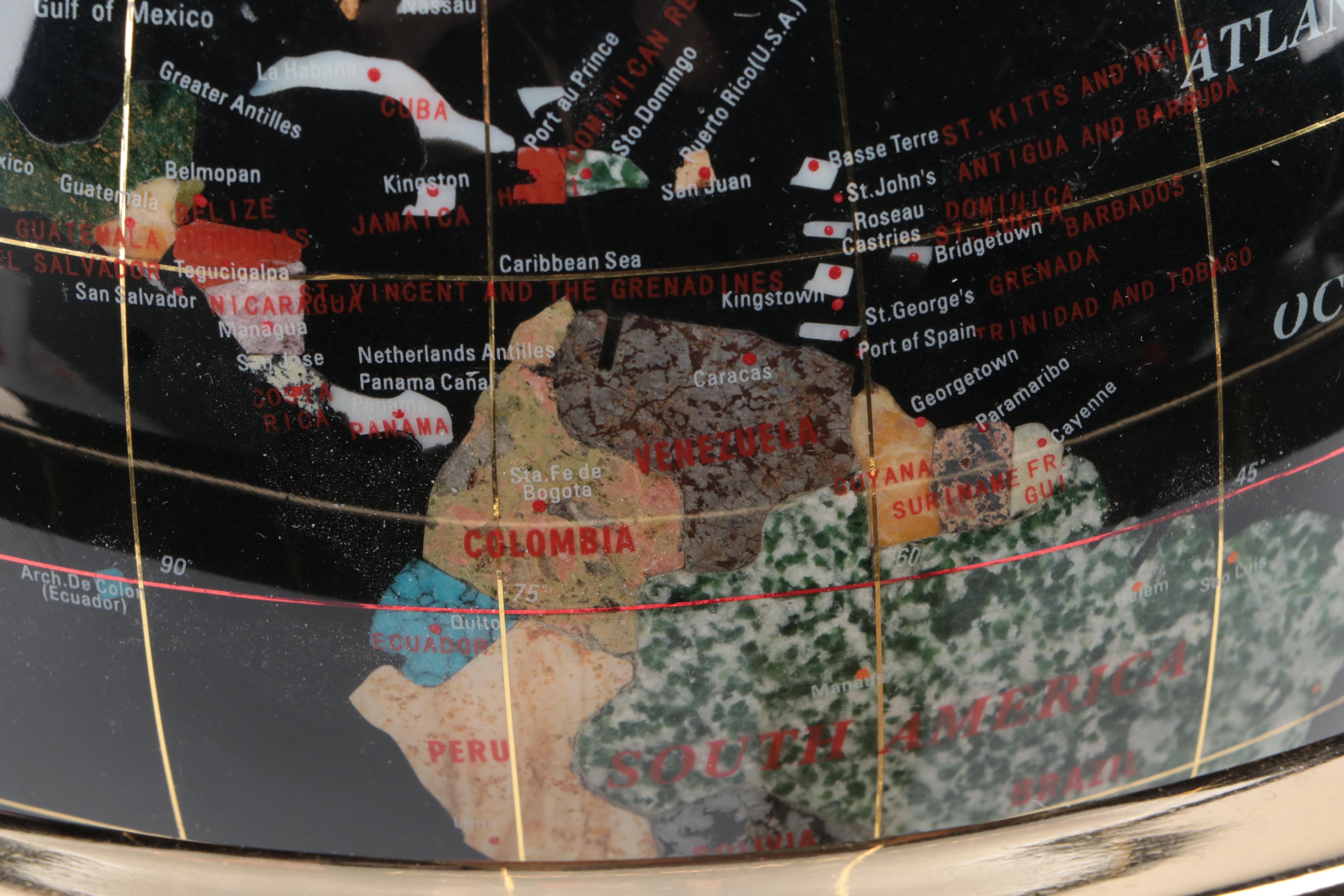 Abalone, Marble and Stone Inlay Globe on Brass Finish Metal Stand with Compass