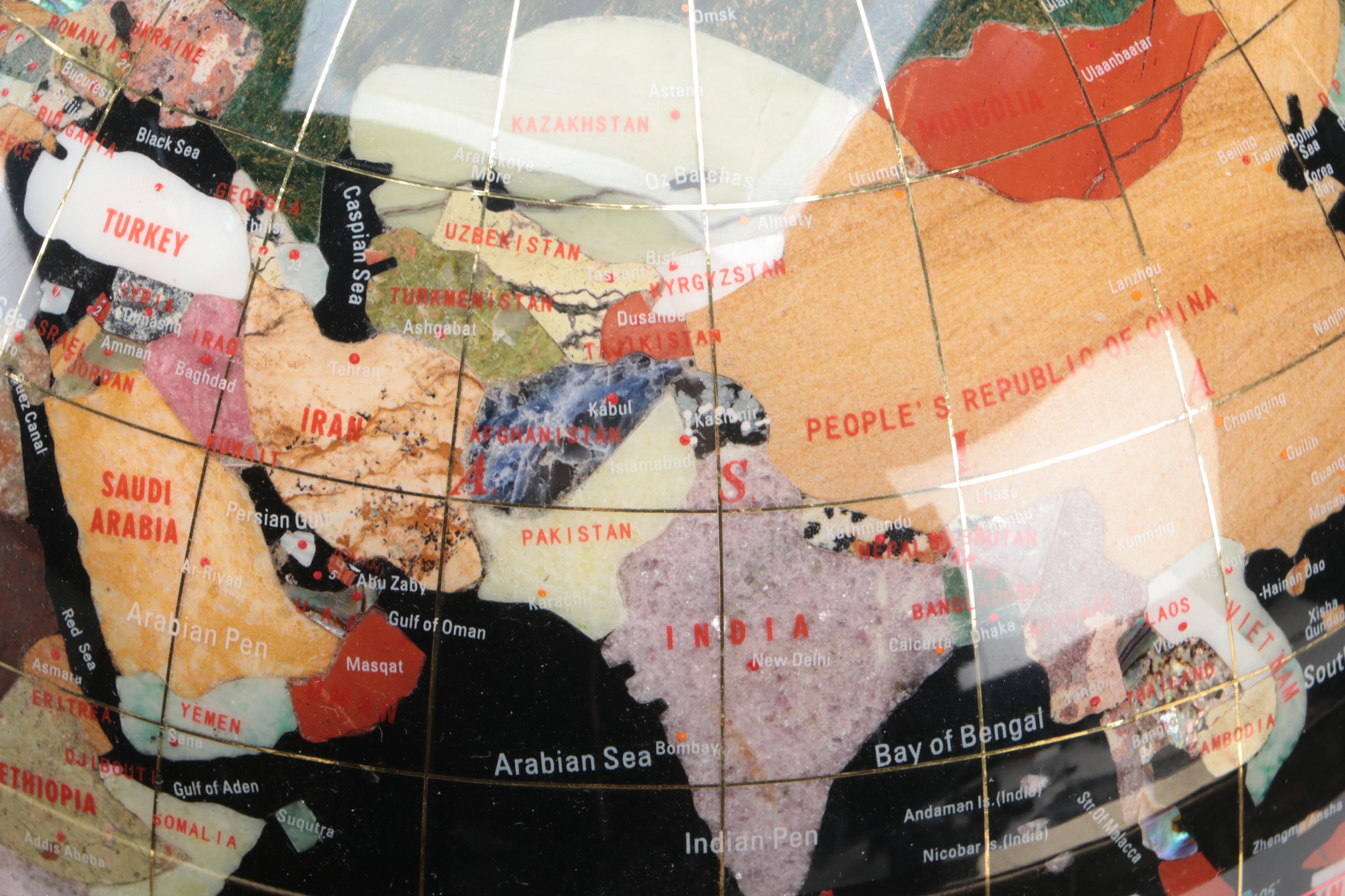 Abalone, Marble and Stone Inlay Globe on Brass Finish Metal Stand with Compass