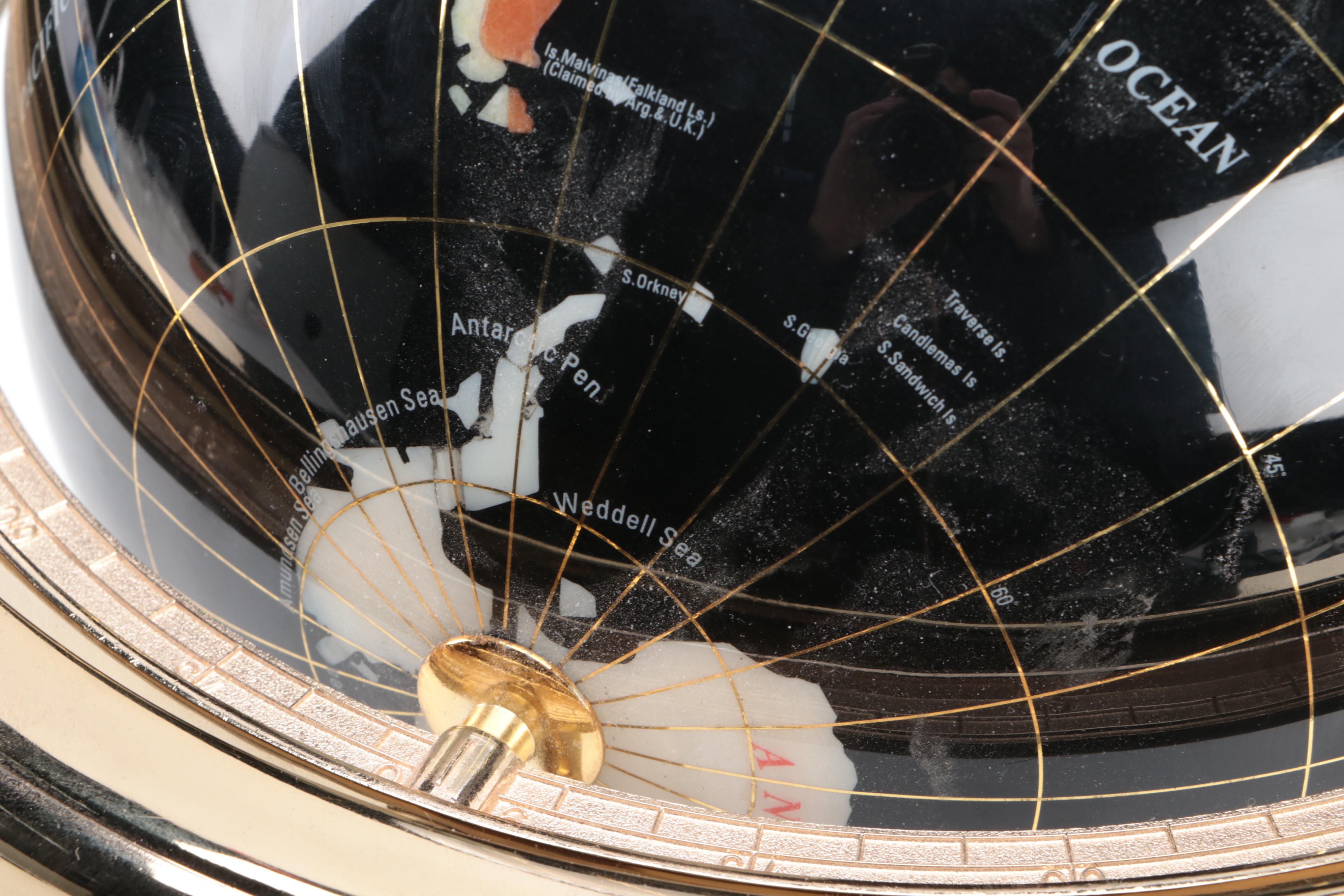 Abalone, Marble and Stone Inlay Globe on Brass Finish Metal Stand with Compass