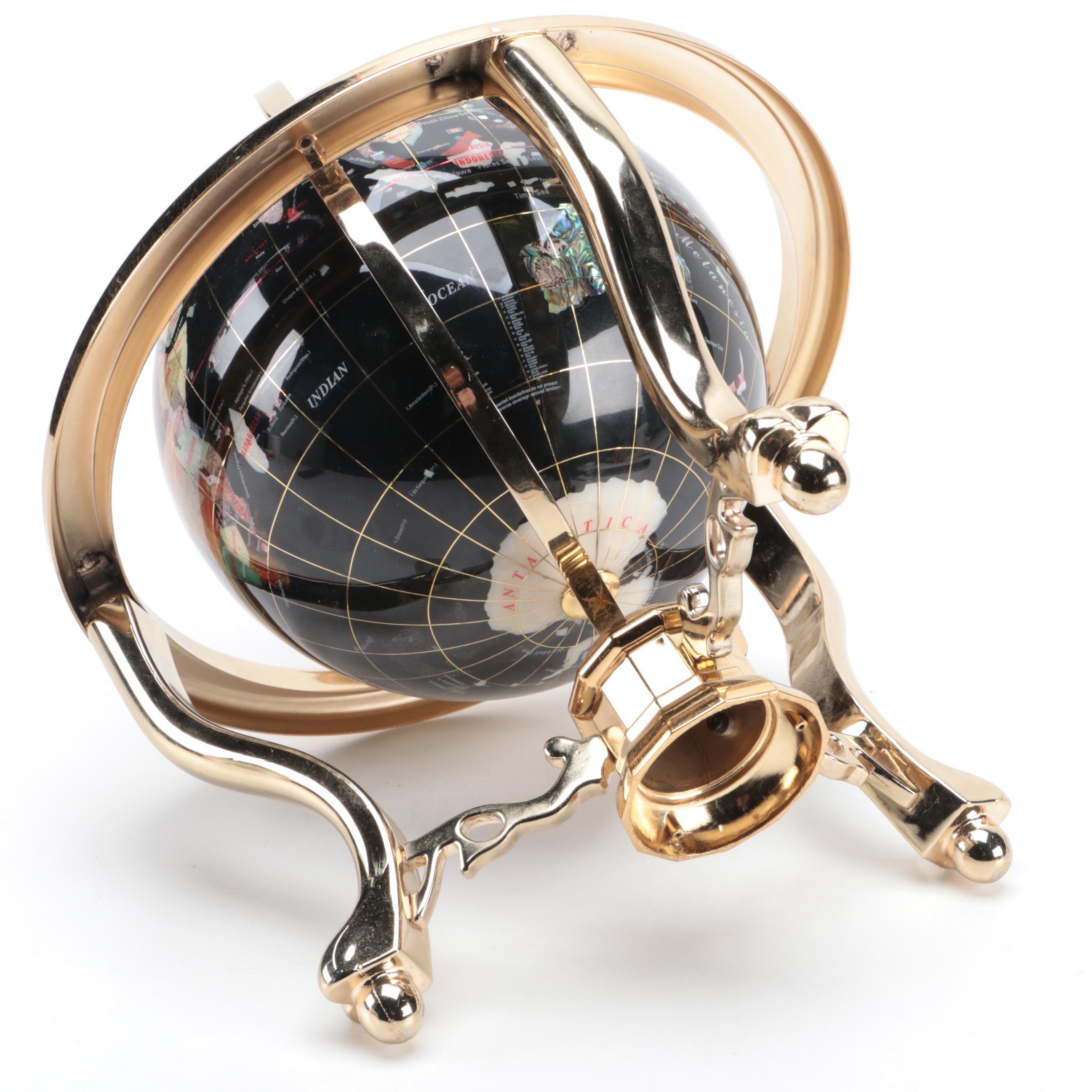 Abalone, Marble and Stone Inlay Globe on Brass Finish Metal Stand with Compass