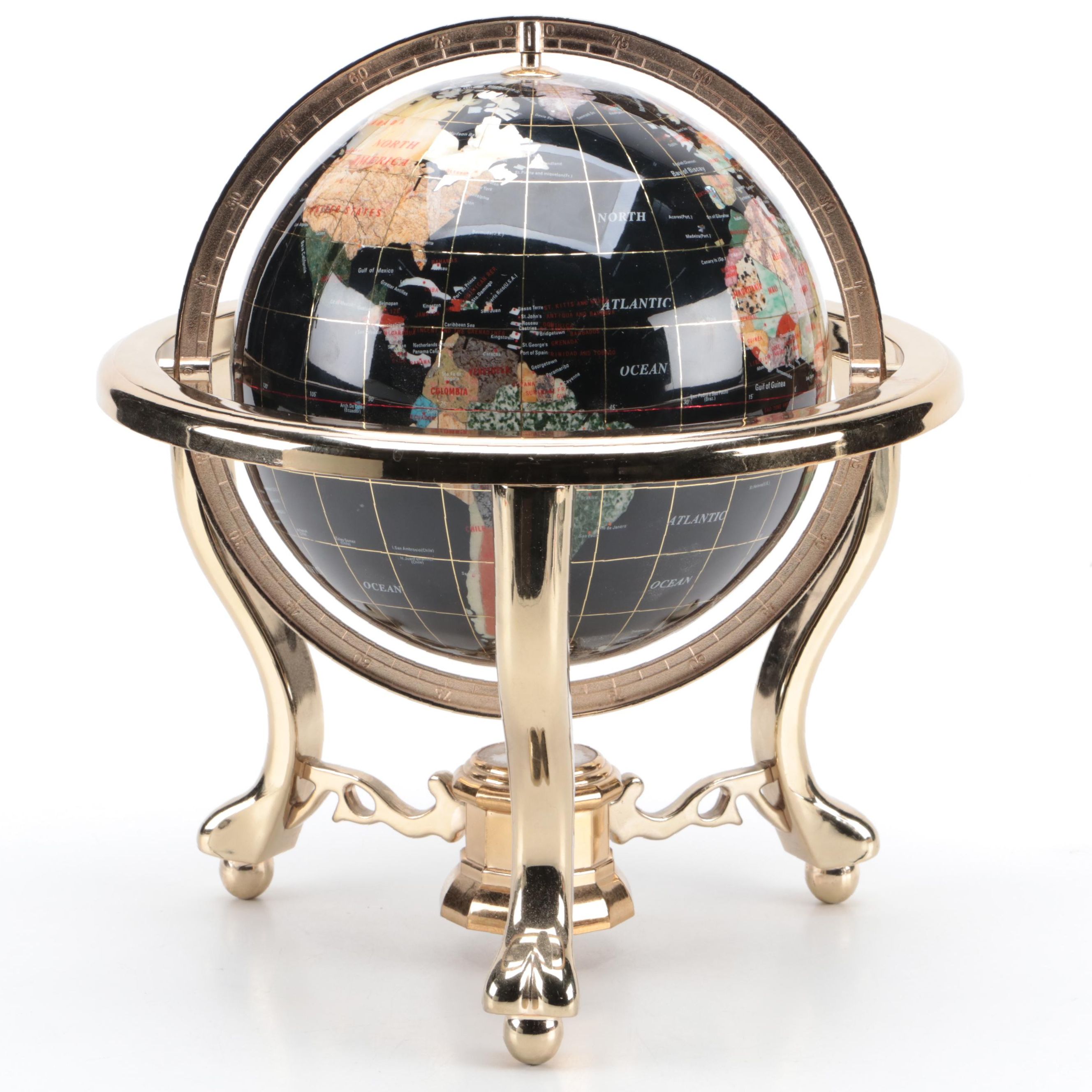 Abalone, Marble and Stone Inlay Globe on Brass Finish Metal Stand with Compass