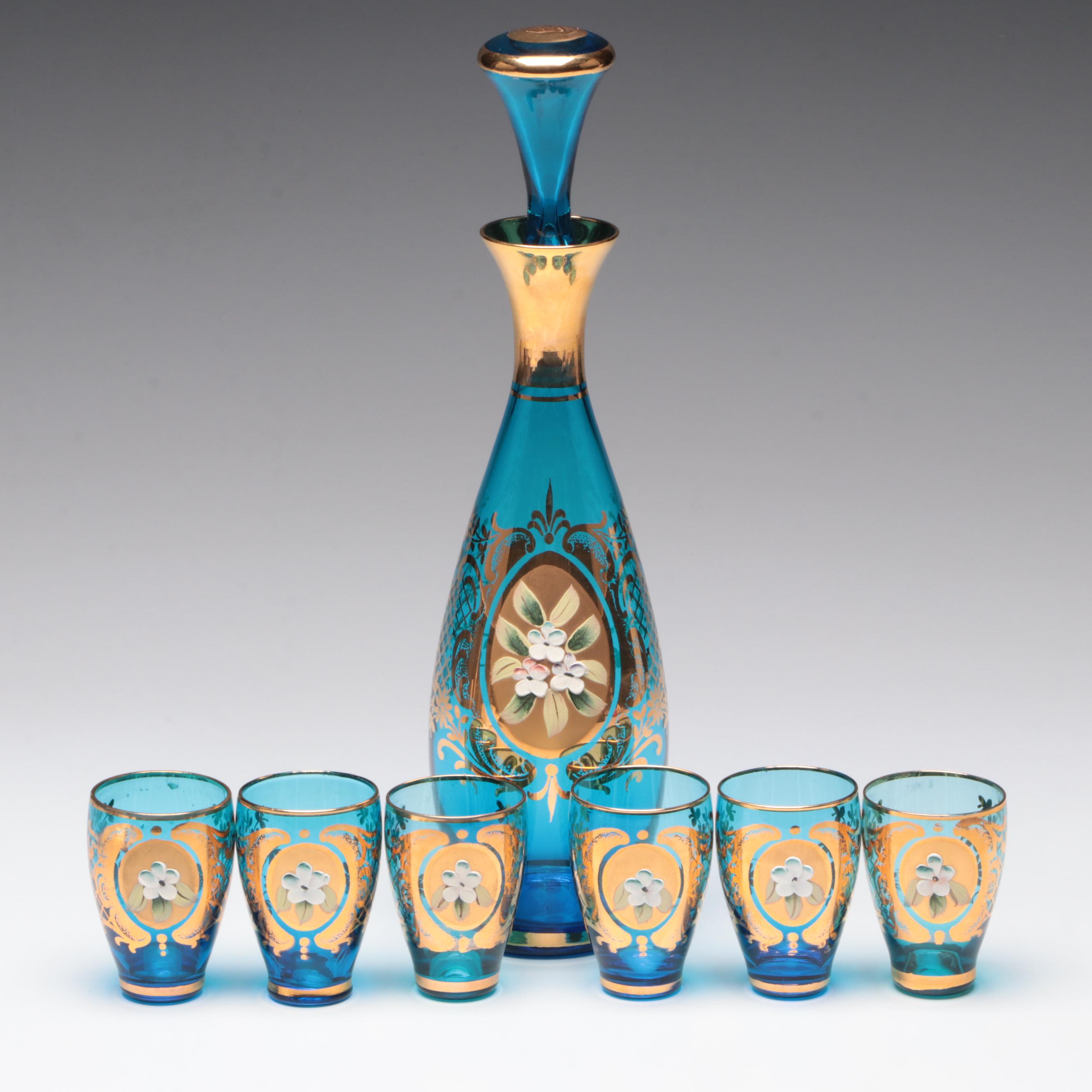 Bohemian Style Hand-Painted Glass Decanter and Shot Glasses