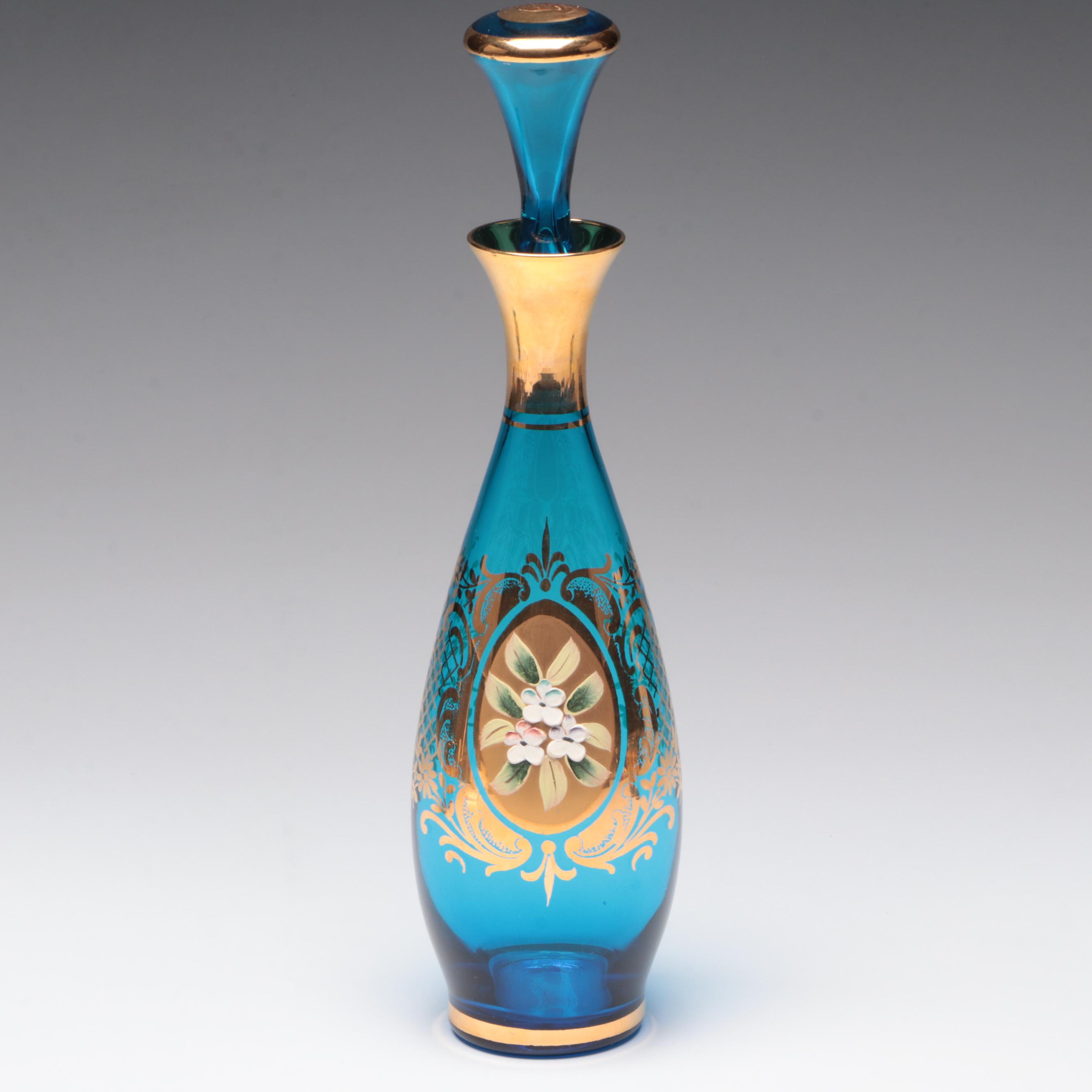 Bohemian Style Hand-Painted Glass Decanter and Shot Glasses