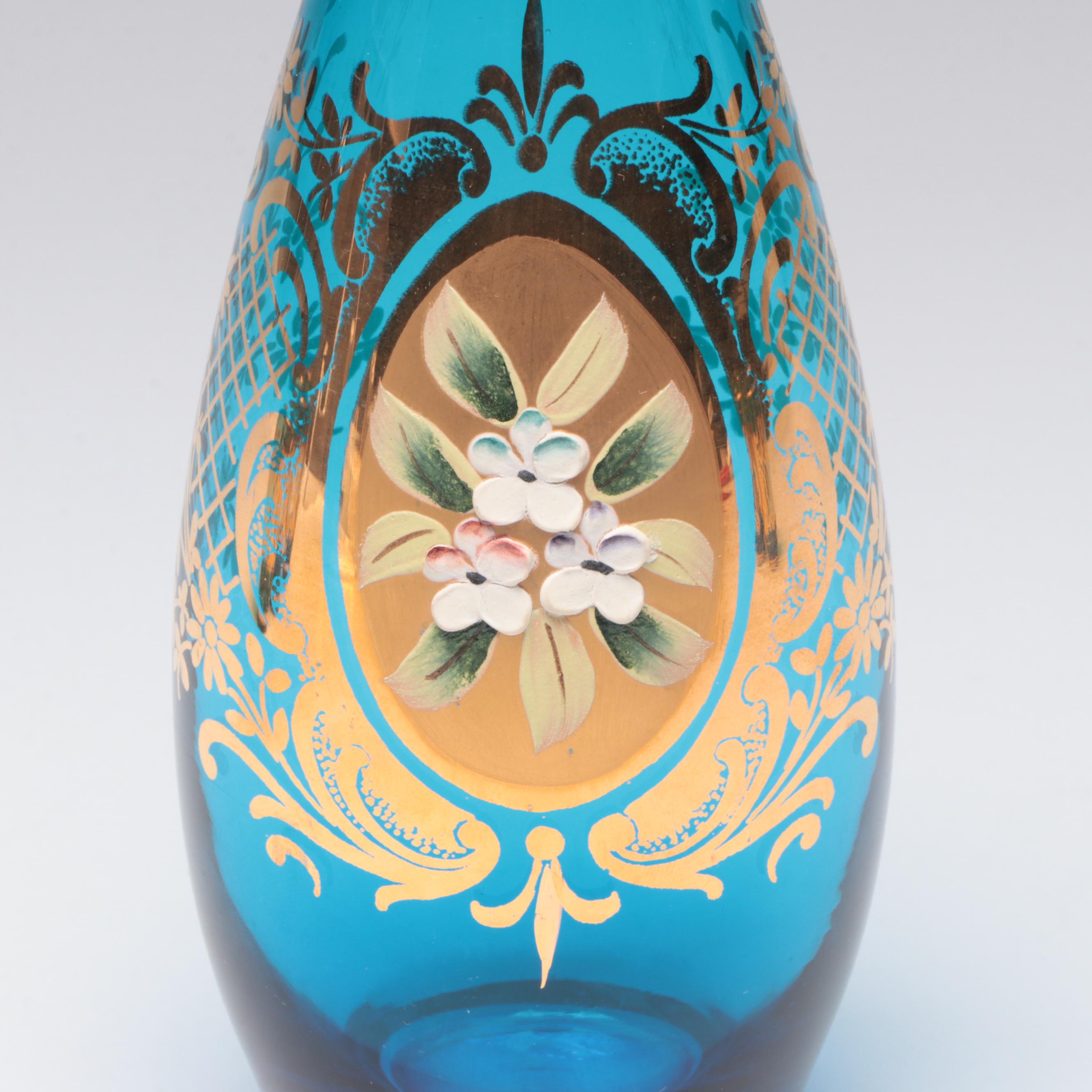 Bohemian Style Hand-Painted Glass Decanter and Shot Glasses