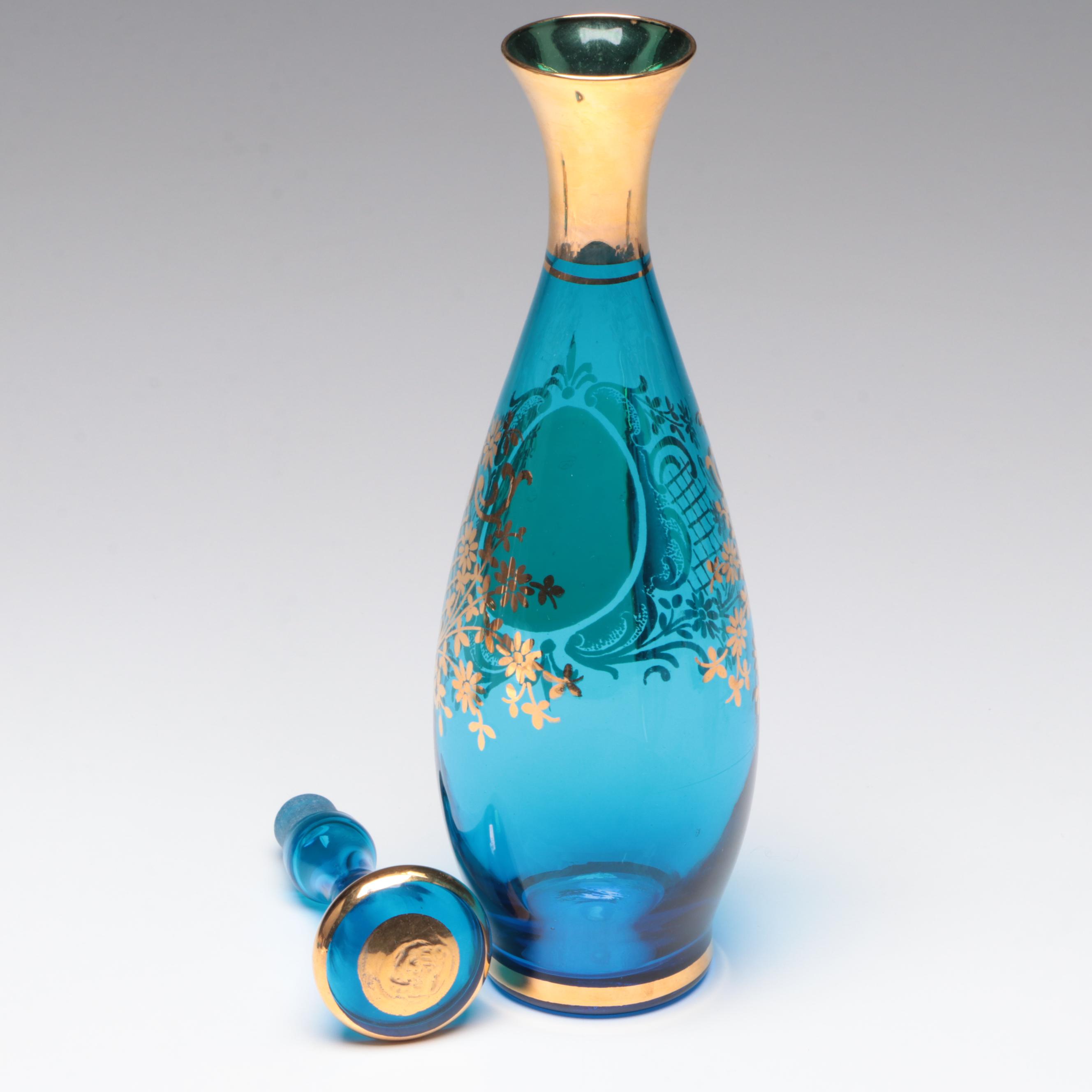 Bohemian Style Hand-Painted Glass Decanter and Shot Glasses