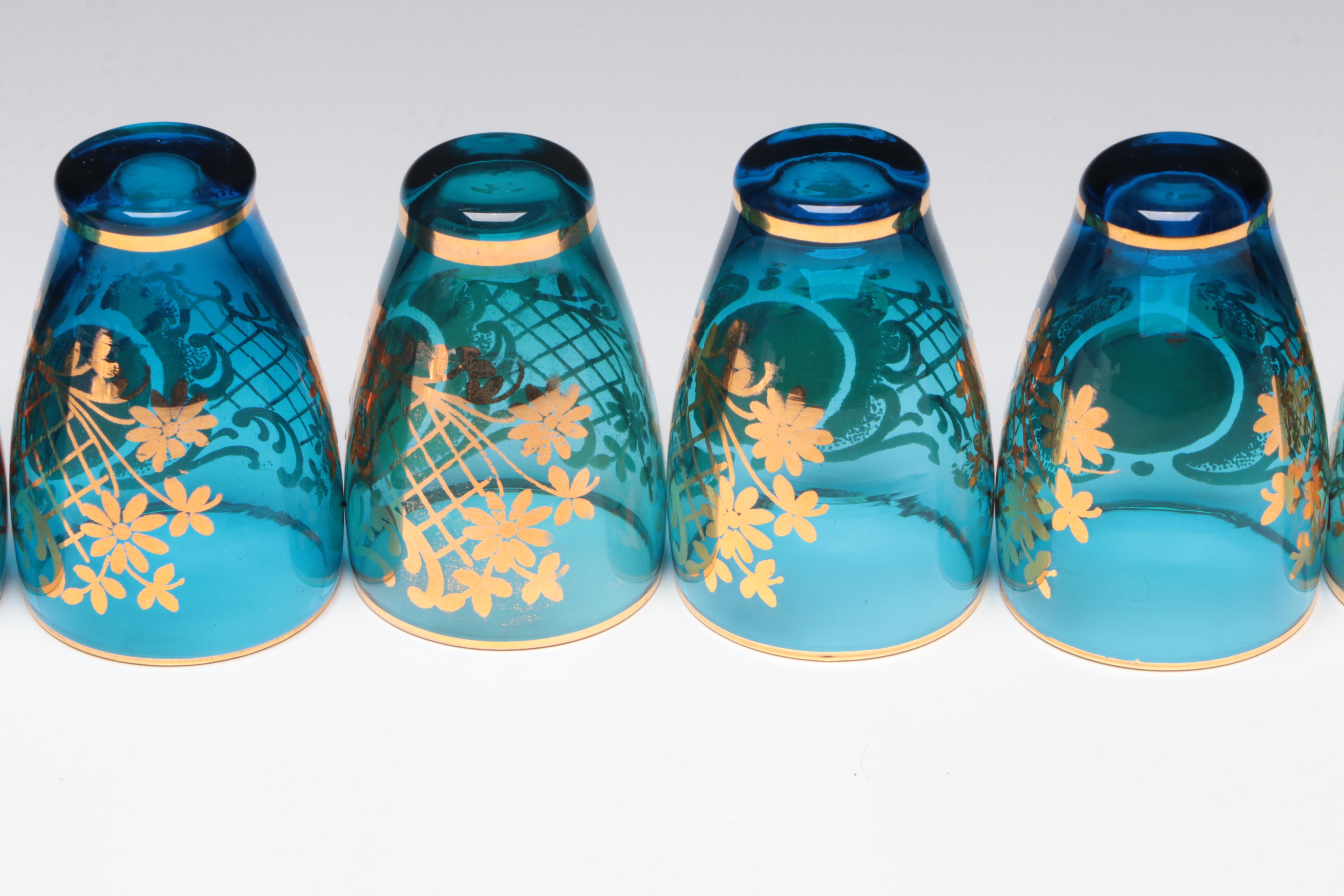 Bohemian Style Hand-Painted Glass Decanter and Shot Glasses