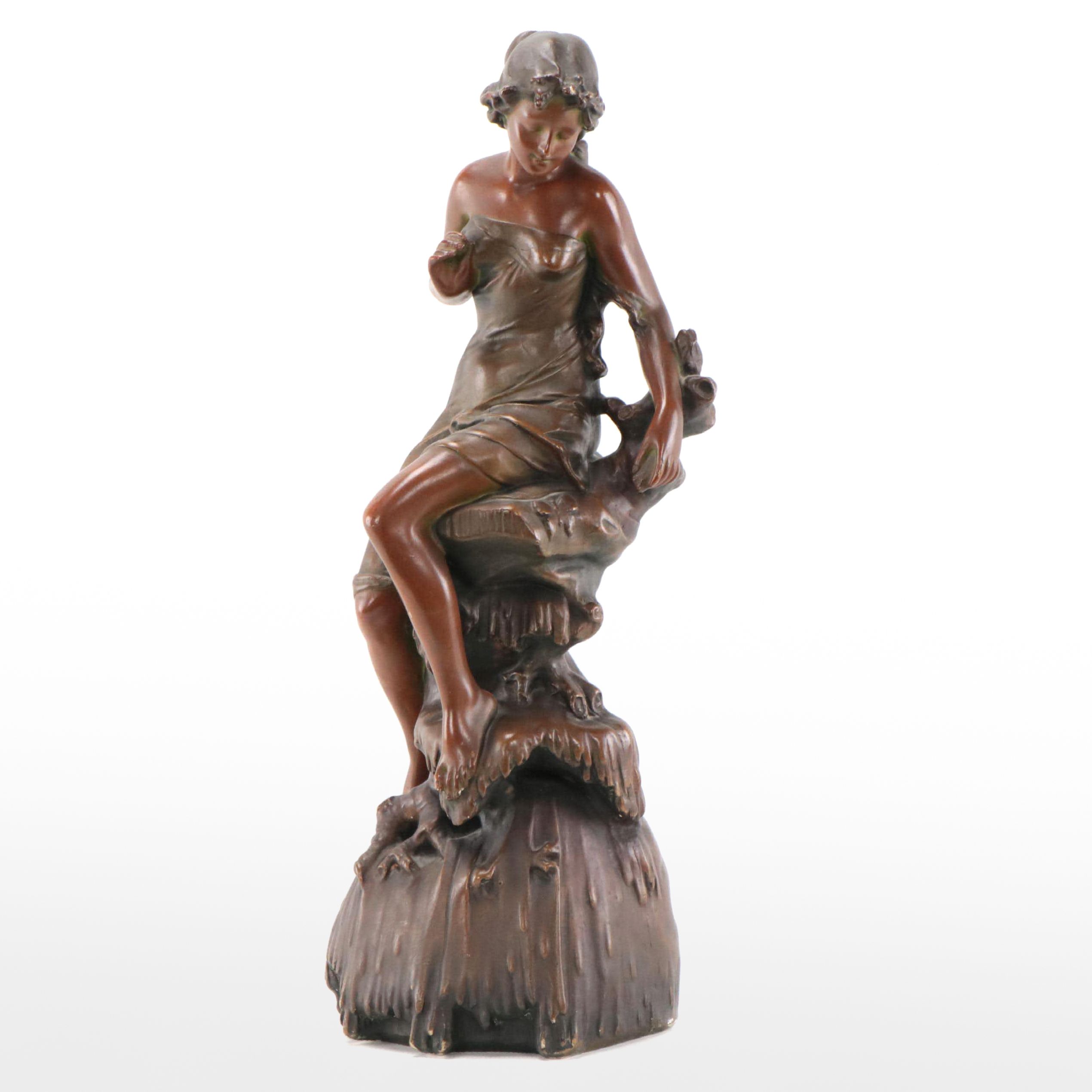 Art Nouveau Bronze-Finish Plaster Statue of a Bather