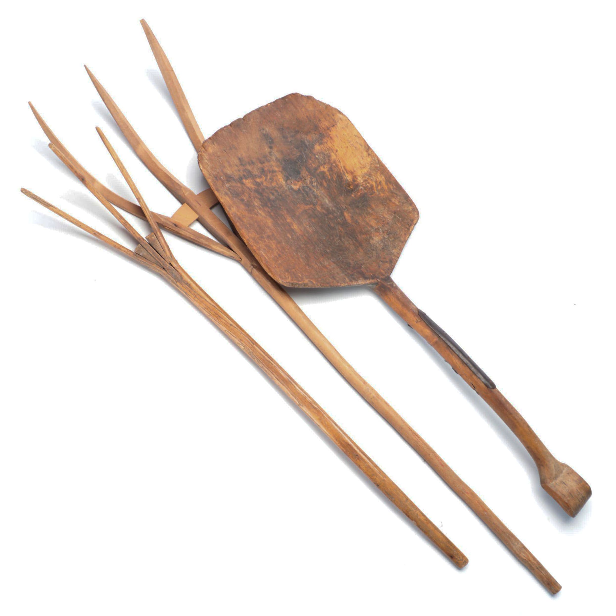 Primitive Wooden Farm Shovel and Hay Rakes