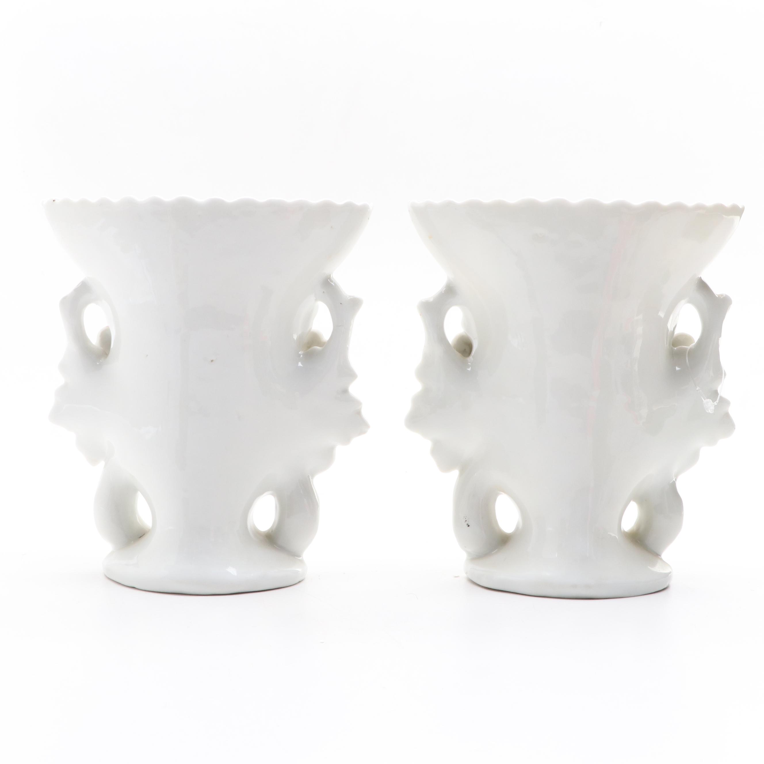 Painted Metal Rabbit Bookends with Floral Motif Porcelain Vase