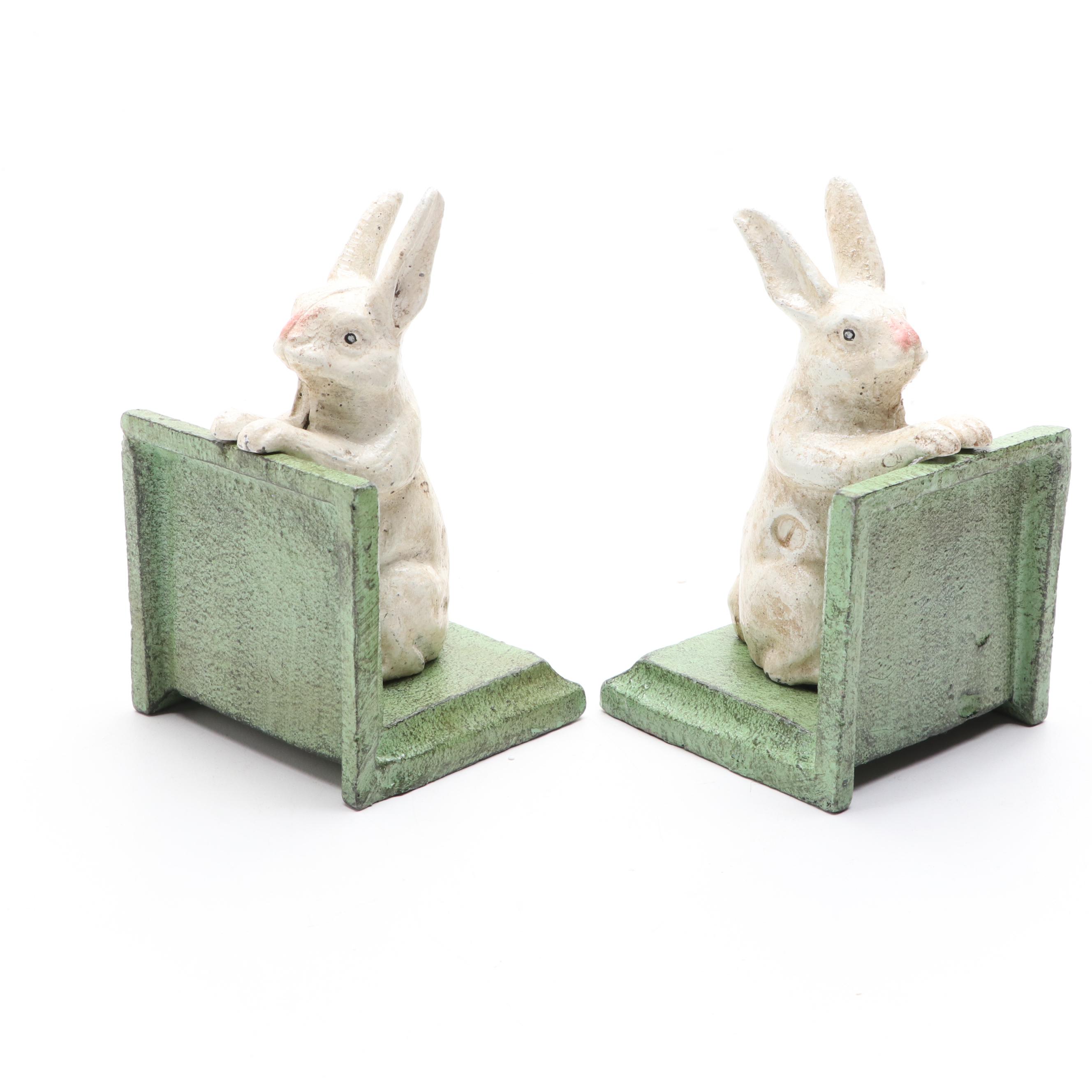 Painted Metal Rabbit Bookends with Floral Motif Porcelain Vase