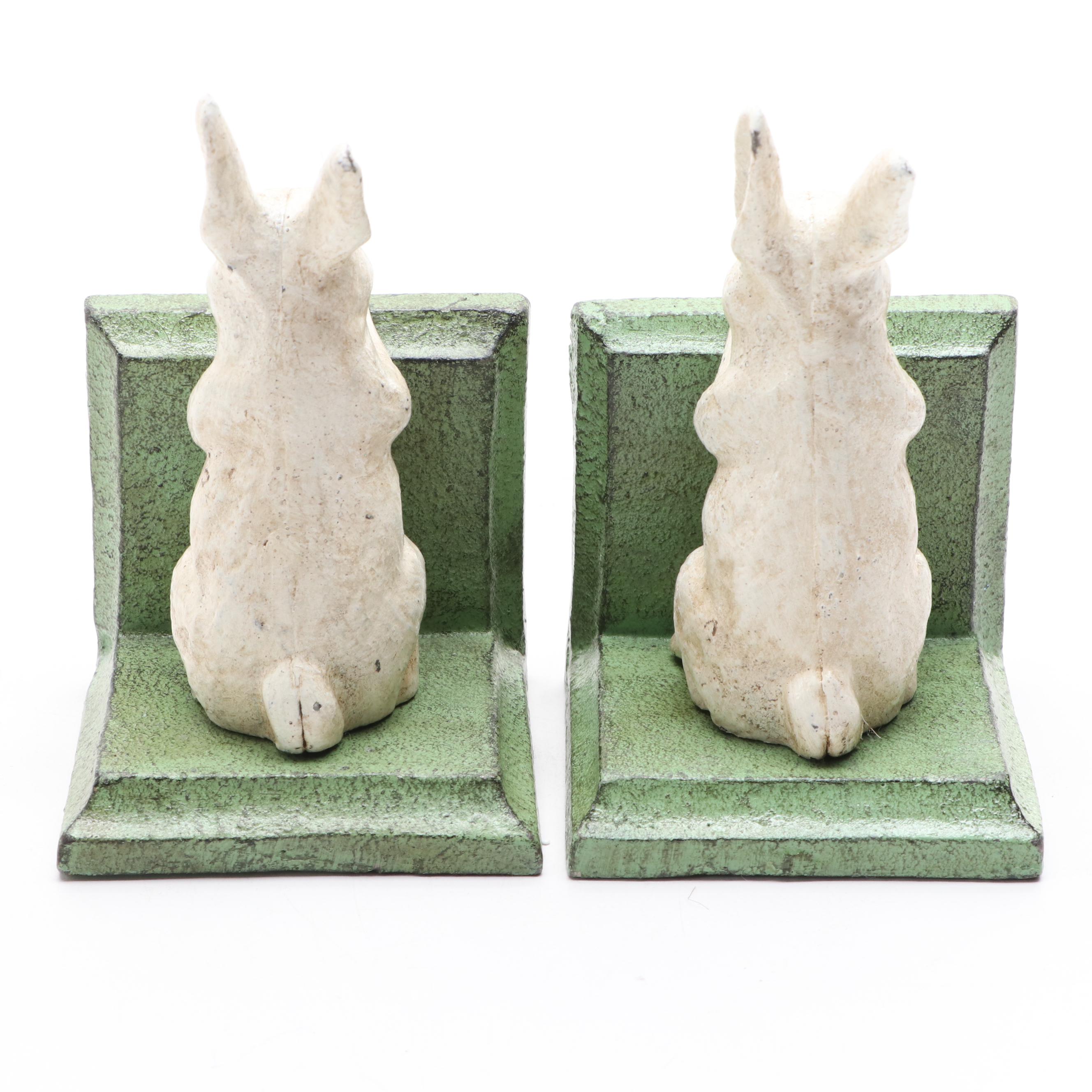 Painted Metal Rabbit Bookends with Floral Motif Porcelain Vase