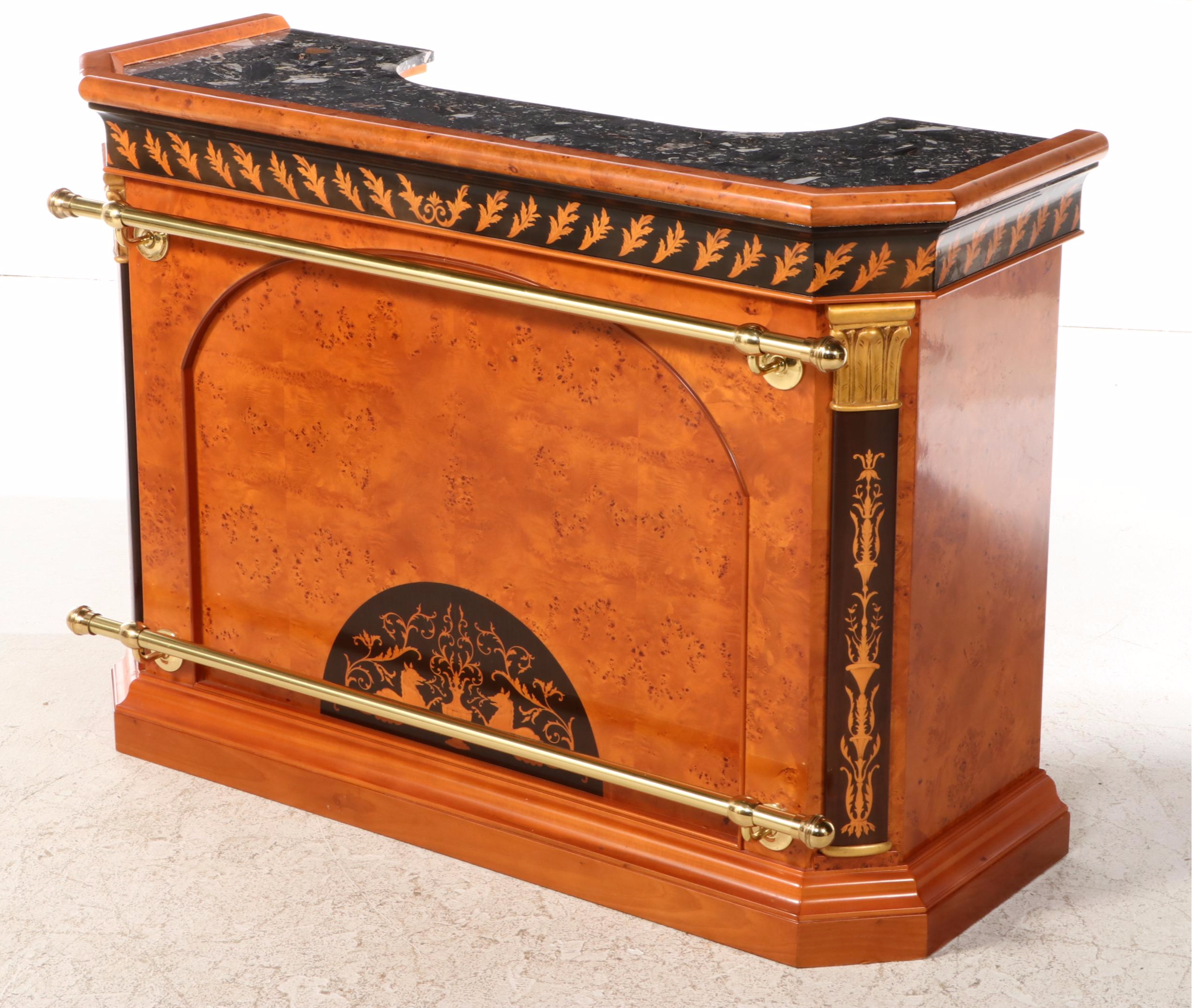 Bespoke Italian Neoclassical Style Marble Top Bar Cabinet with Three Stools