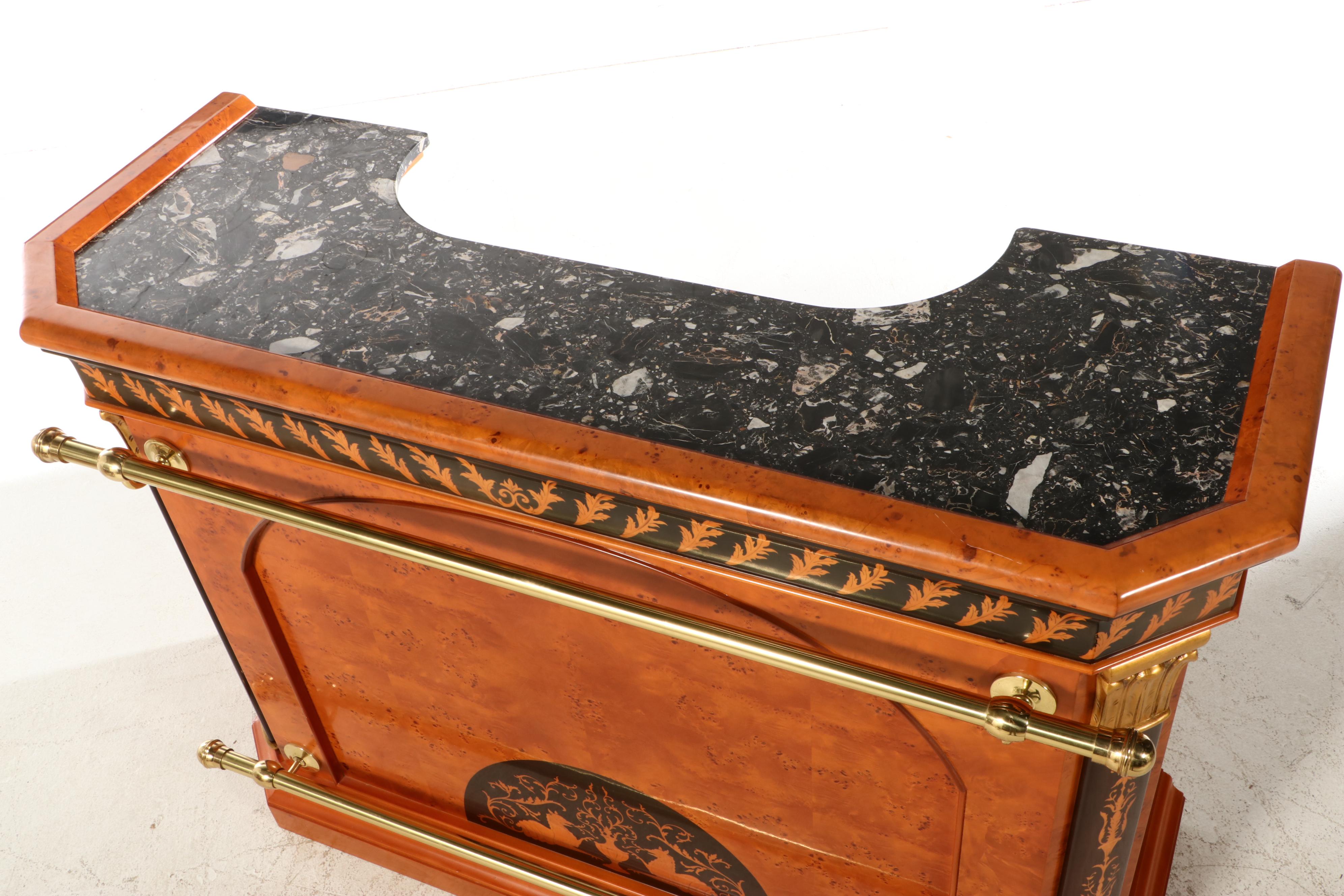 Bespoke Italian Neoclassical Style Marble Top Bar Cabinet with Three Stools