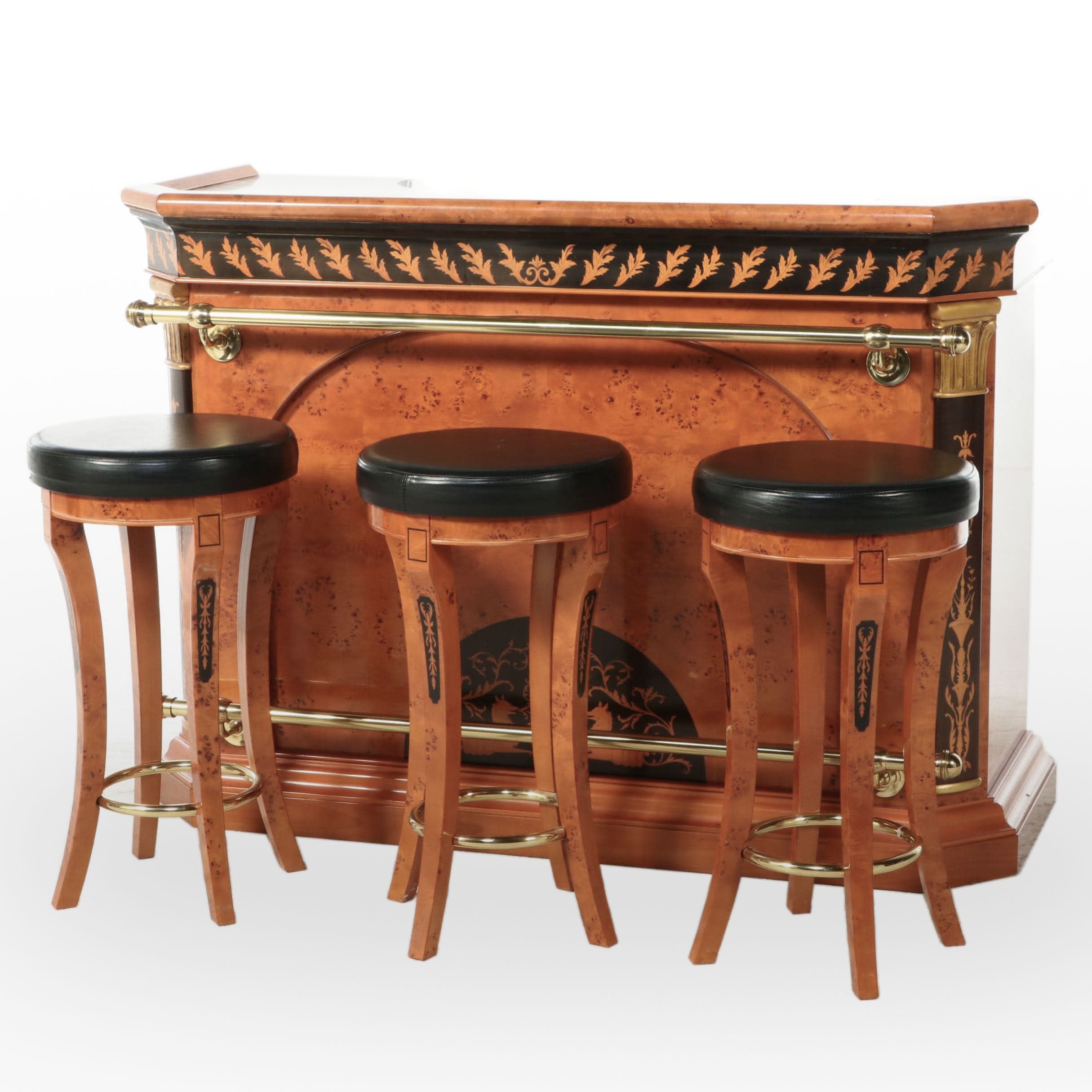 Bespoke Italian Neoclassical Style Marble Top Bar Cabinet with Three Stools