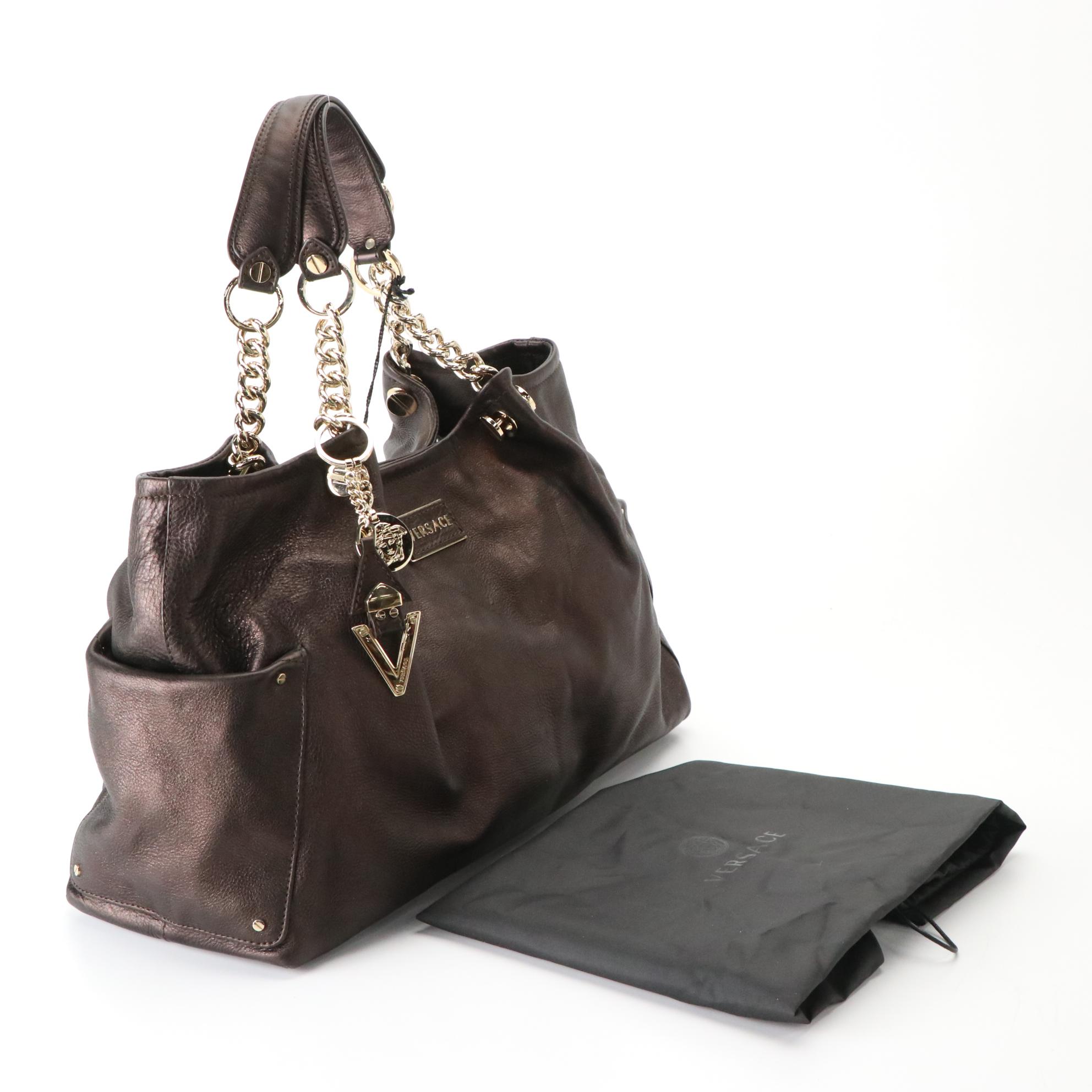 Versace Chain Strap Shoulder Bag in Chocolate Brown Leather, With Tags