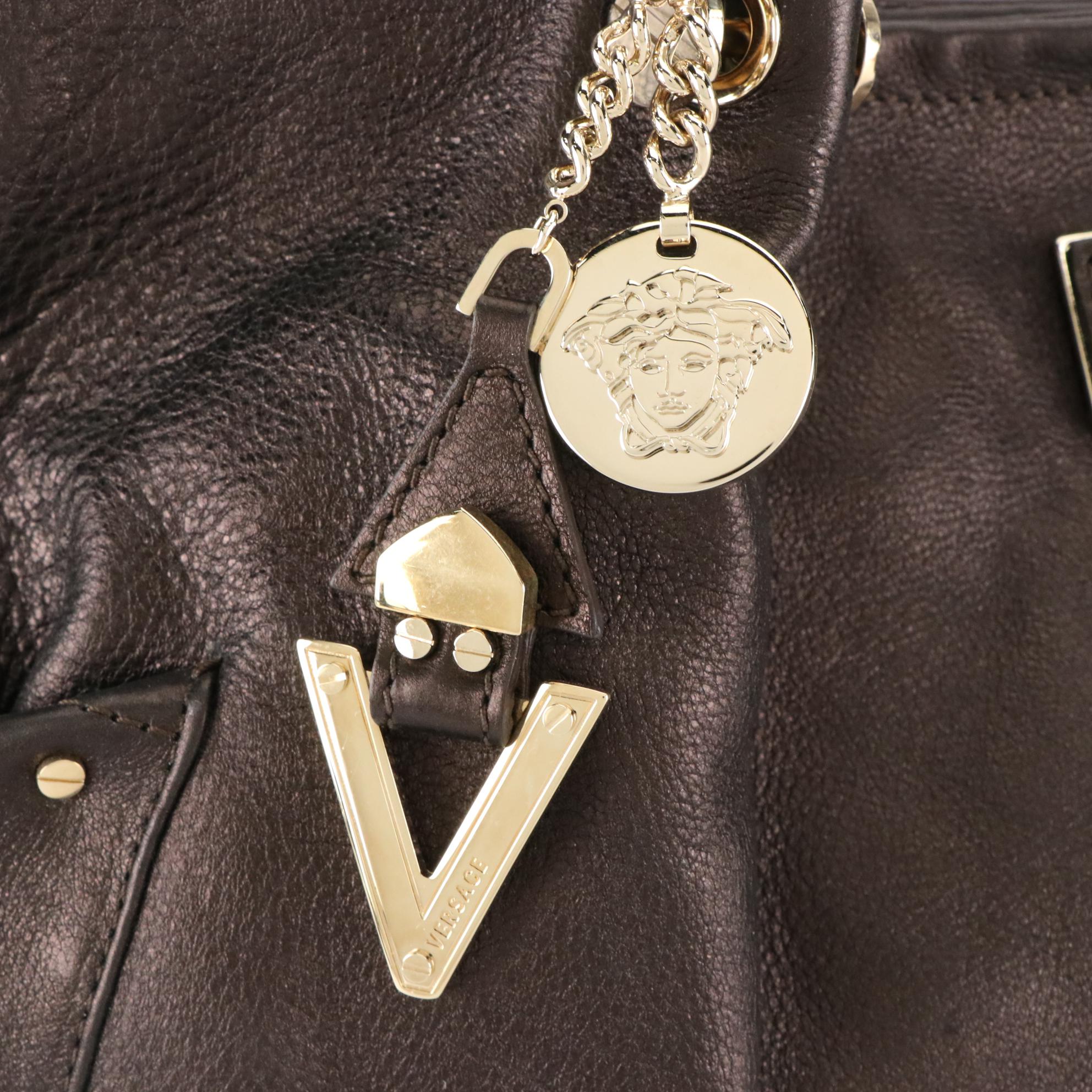 Versace Chain Strap Shoulder Bag in Chocolate Brown Leather, With Tags