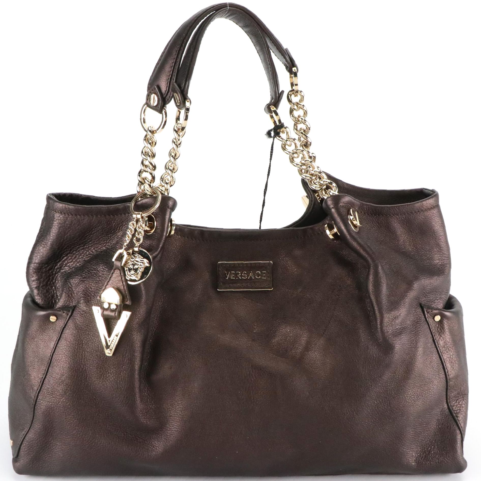 Versace Chain Strap Shoulder Bag in Chocolate Brown Leather, With Tags