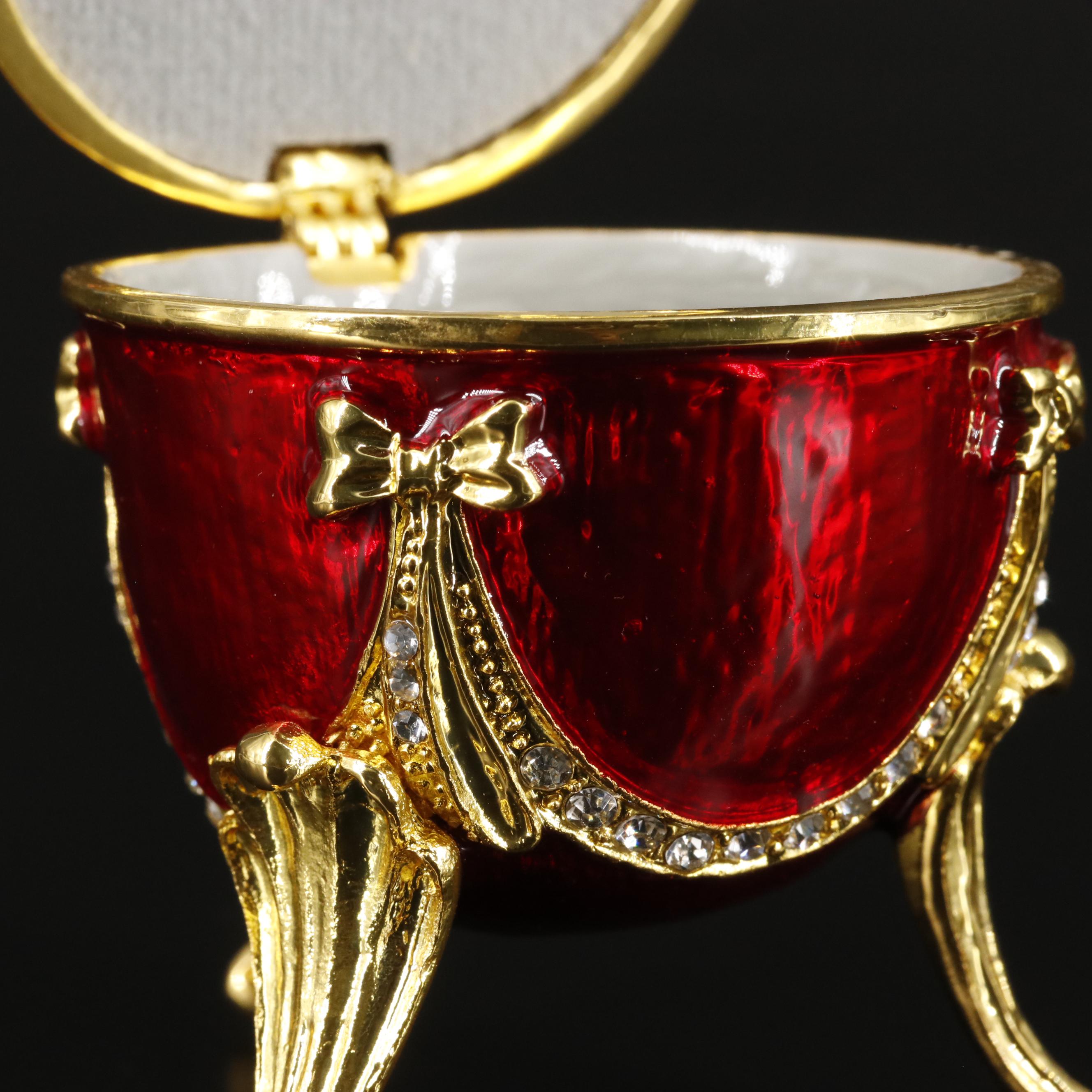 Bejeweled Imperial Red and Gold Musical Jewelry Egg Container with Box
