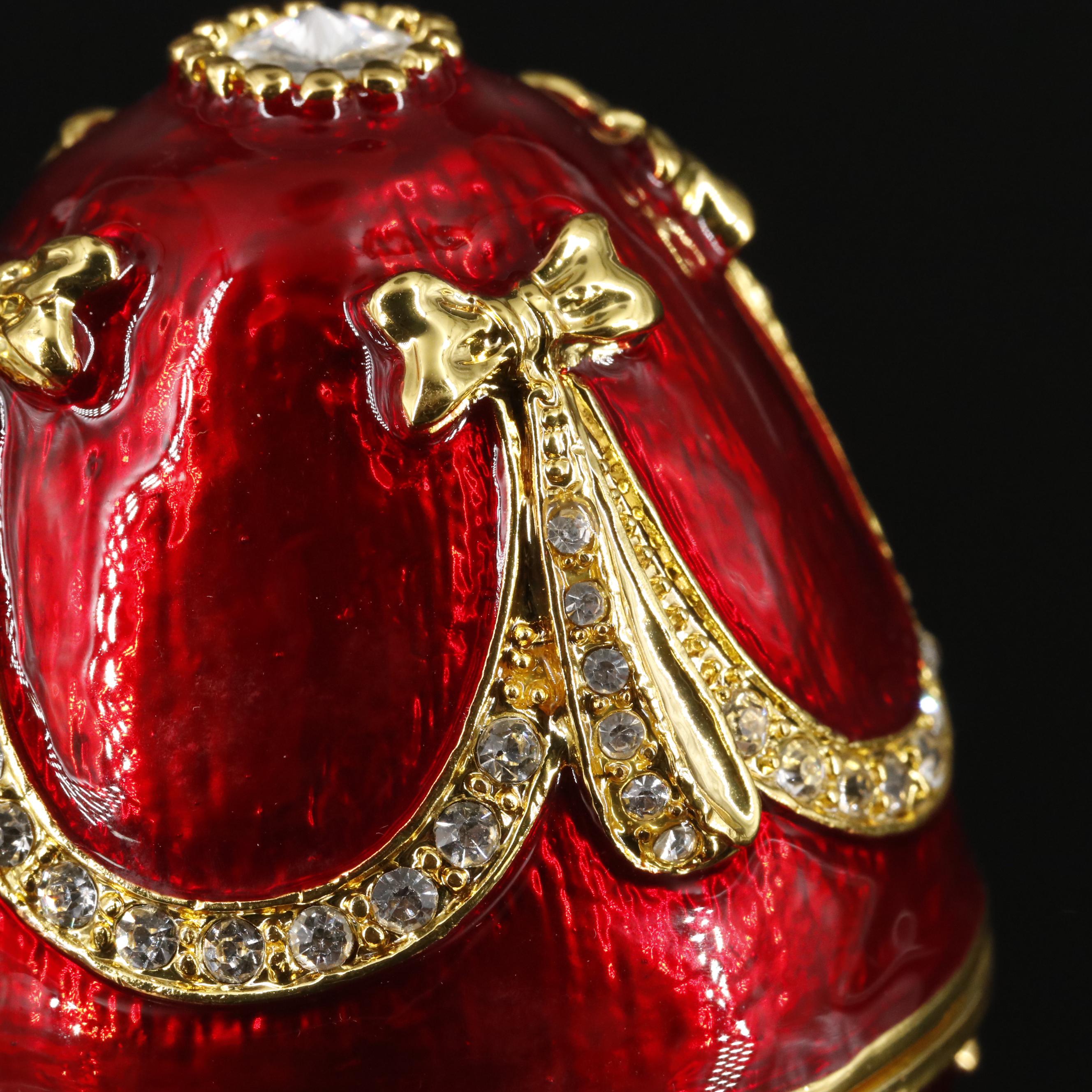 Bejeweled Imperial Red and Gold Musical Jewelry Egg Container with Box