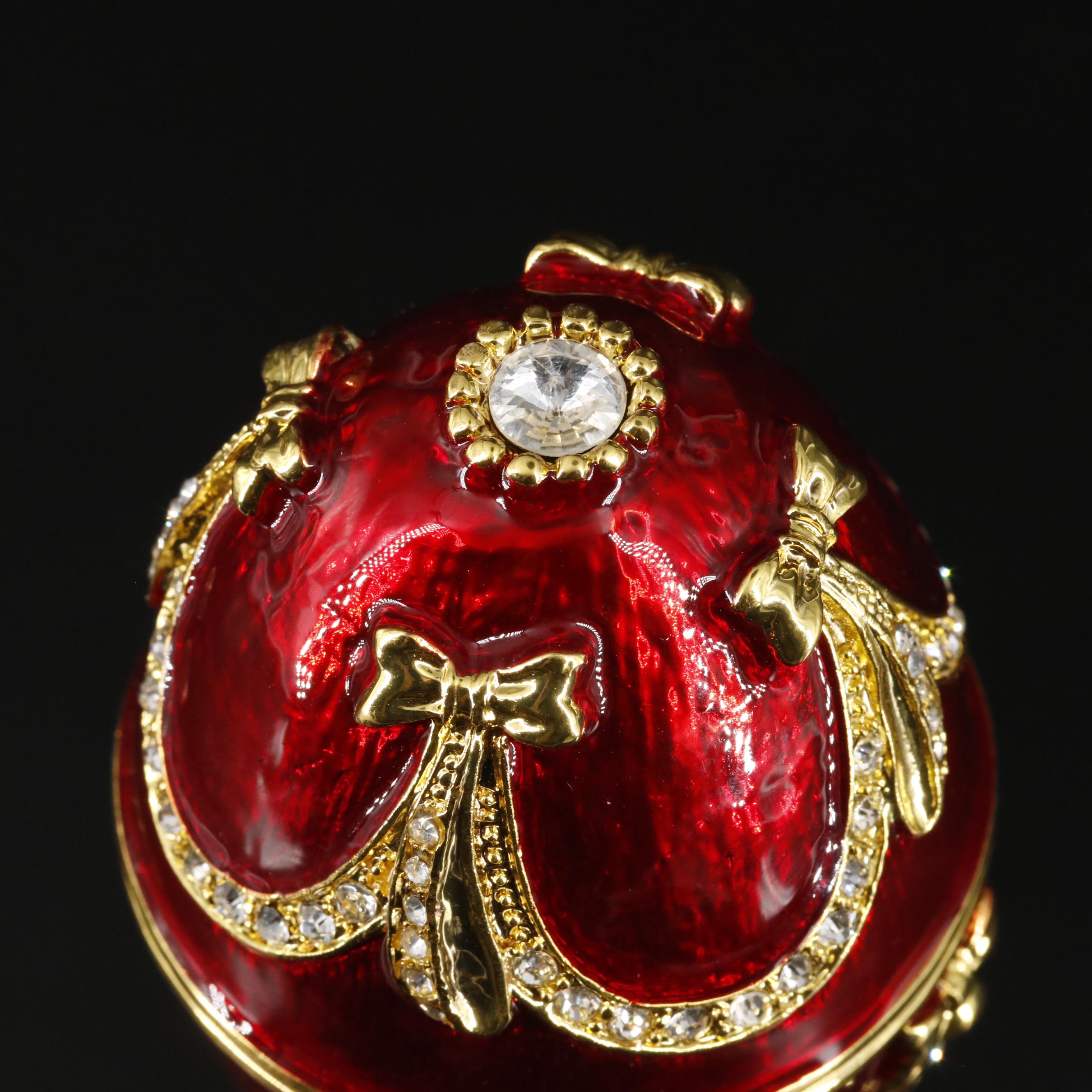 Bejeweled Imperial Red and Gold Musical Jewelry Egg Container with Box
