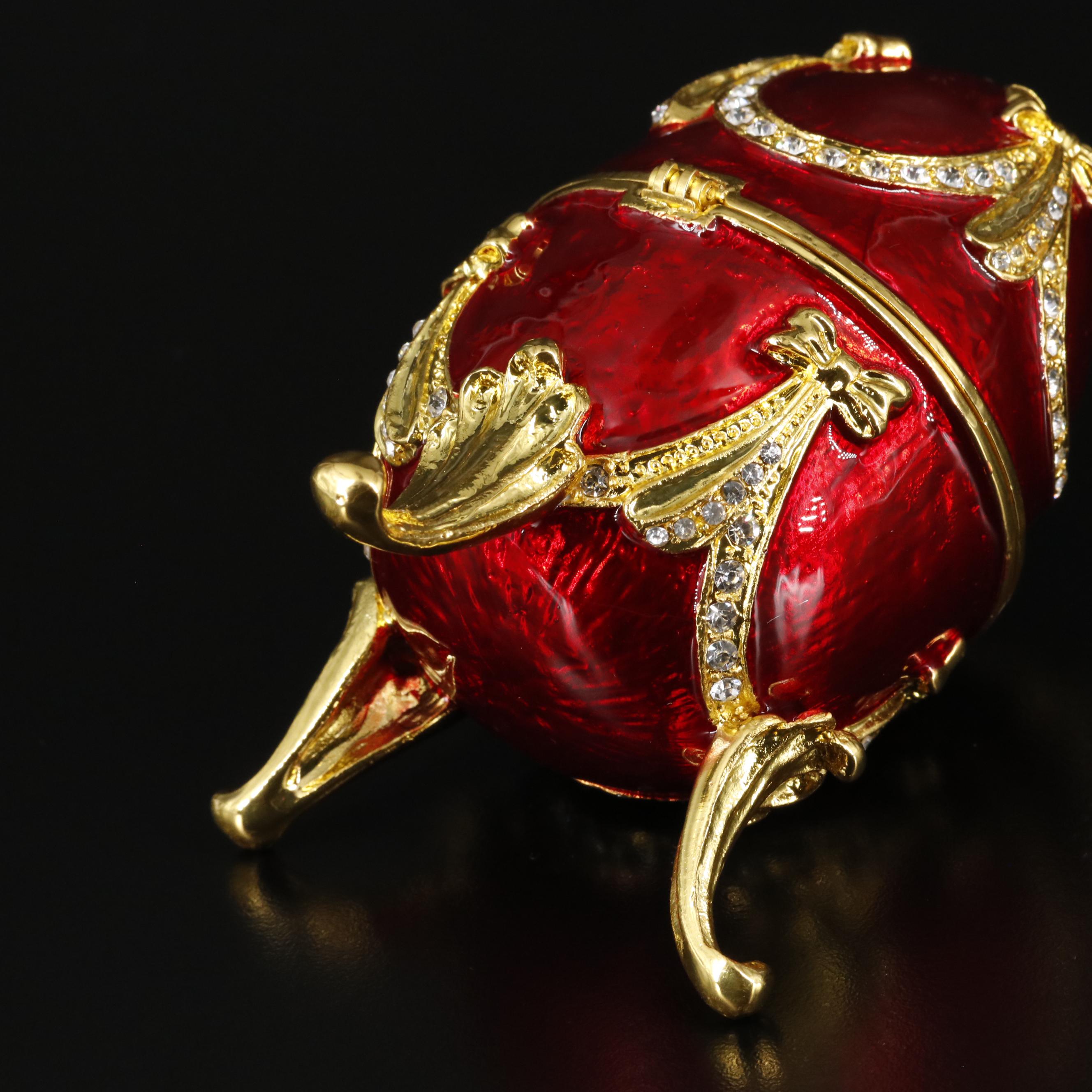 Bejeweled Imperial Red and Gold Musical Jewelry Egg Container with Box