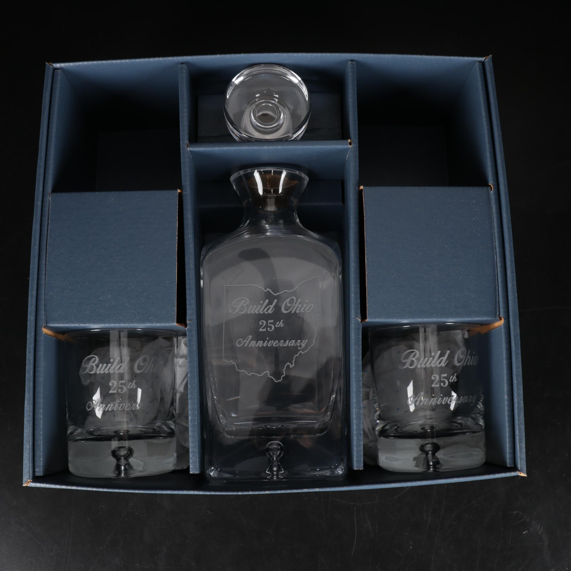 Commemorative Whiskey Decanter and Glasses With Silverplate Repousse Tray