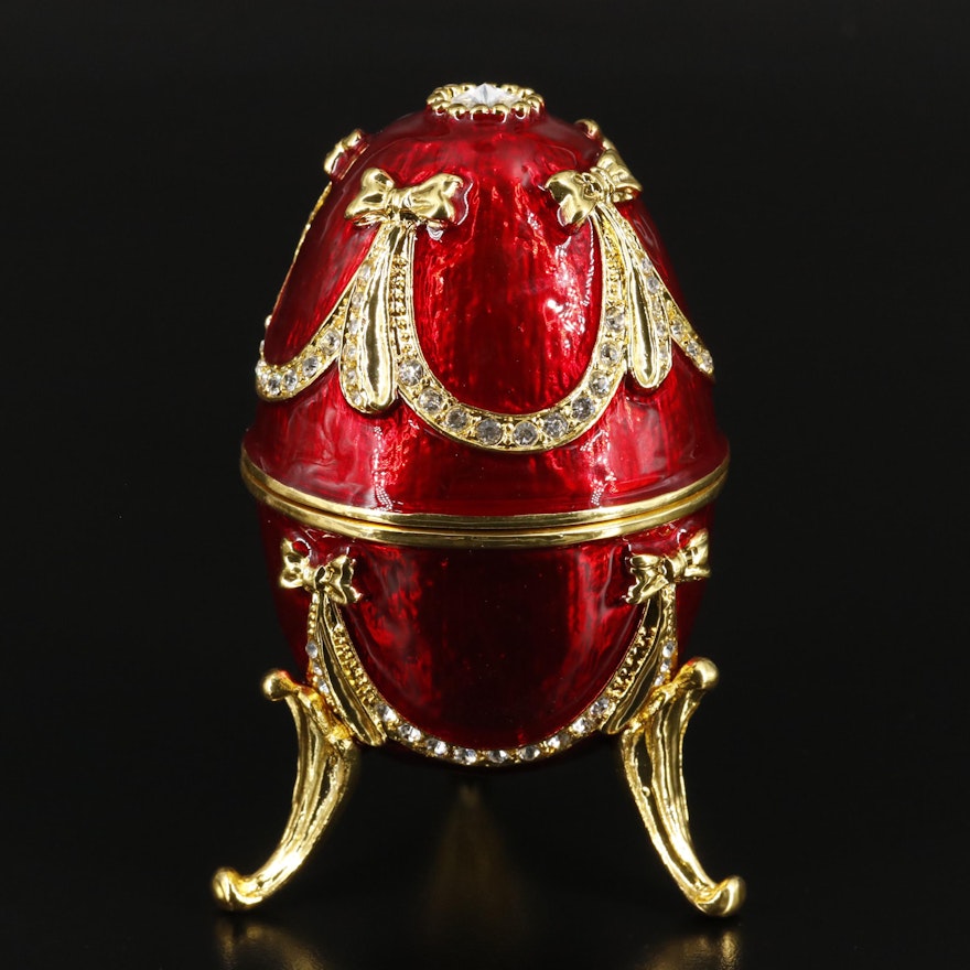 Bejeweled Imperial Red and Gold Musical Jewelry Egg Container with Box