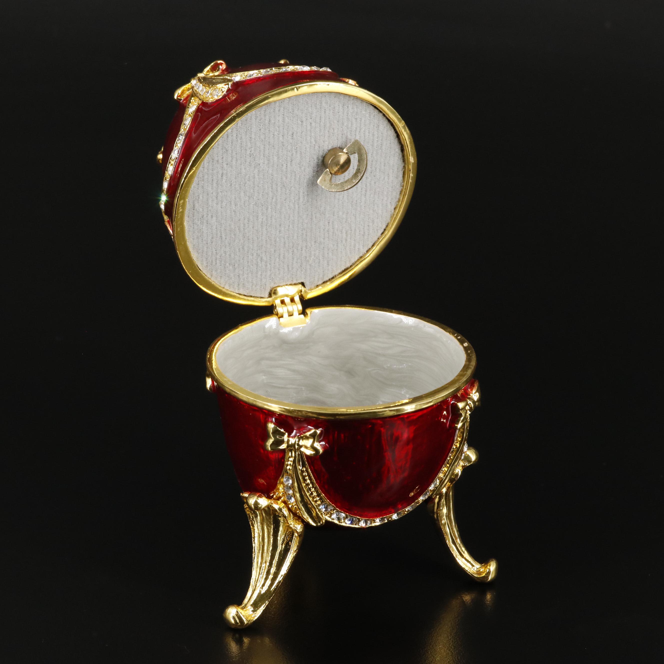 Bejeweled Imperial Red and Gold Musical Jewelry Egg Container with Box