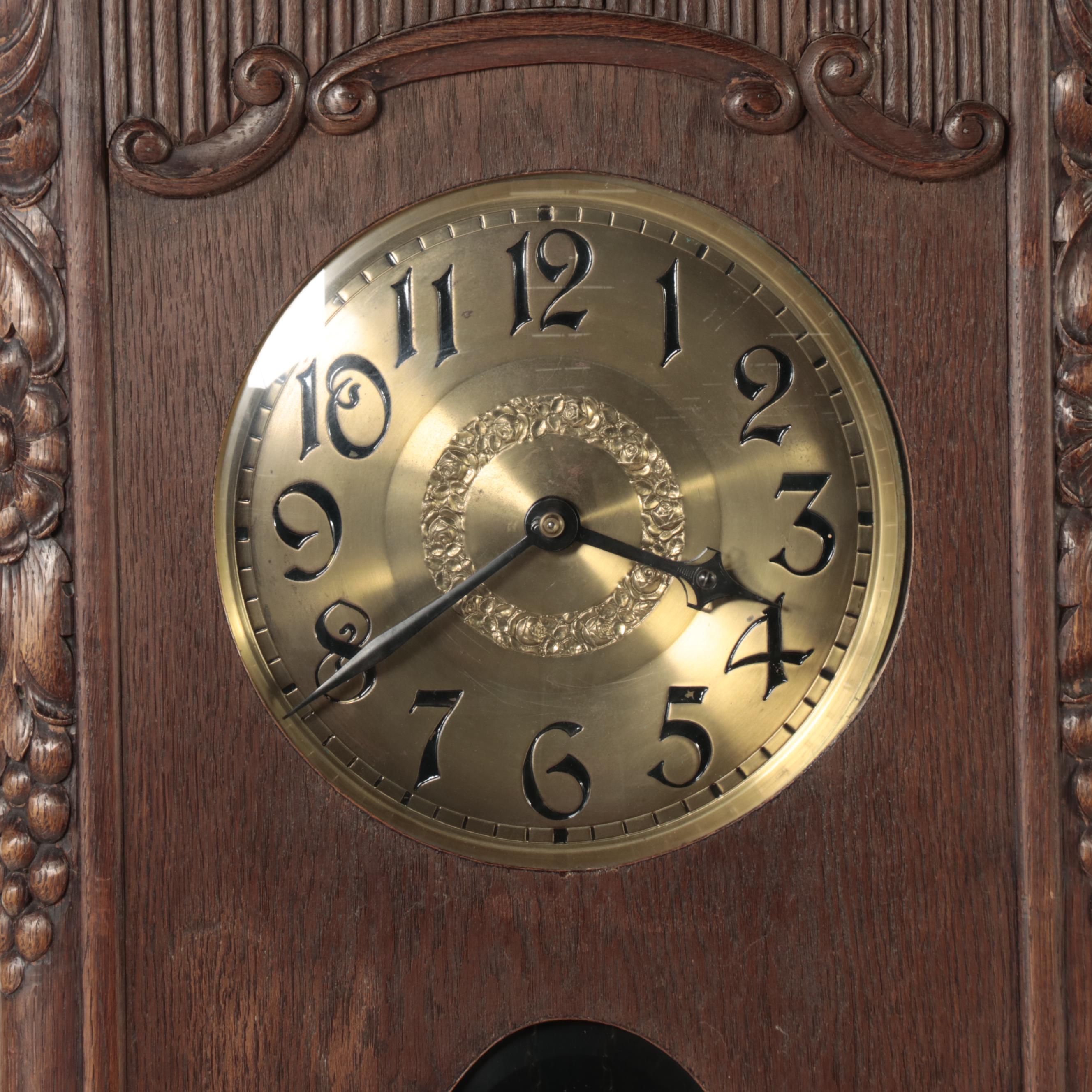 German Hand-Carved Oak Grandfather Clock, Early to Mid-20th Century