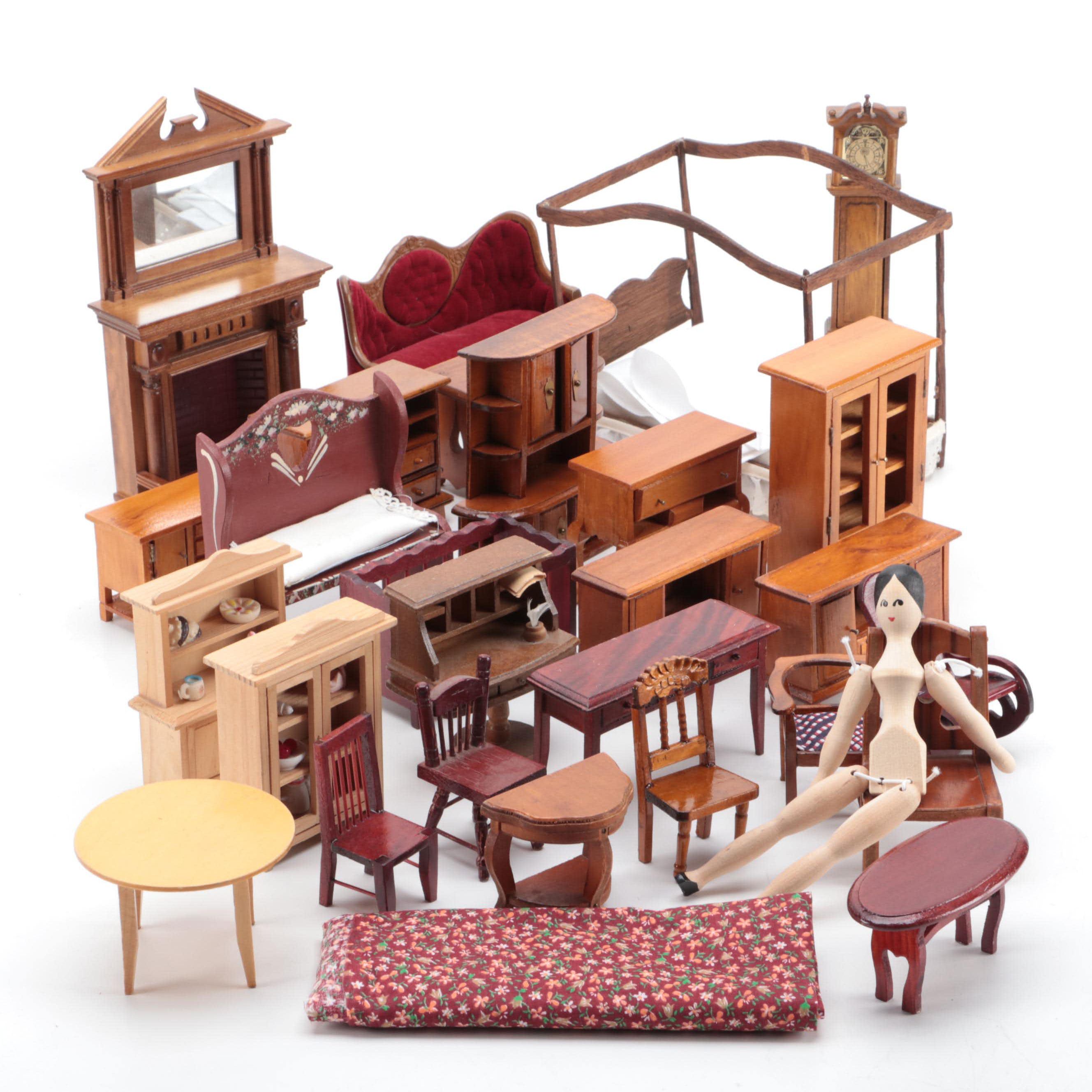 Miniature Wooden Doll House Furniture, Mantel and Accessories