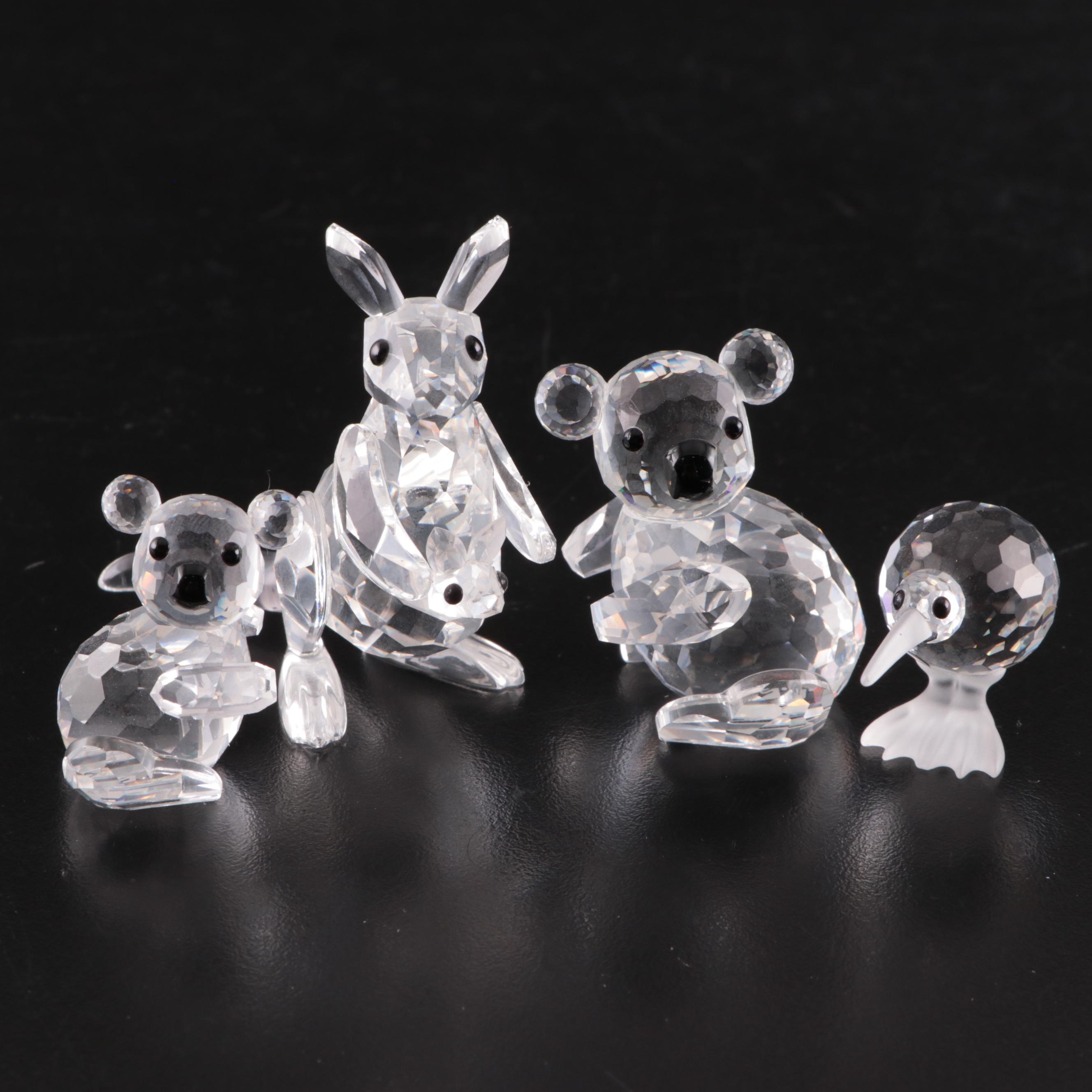 Swarovski Crystal Kangaroo, Kiwi and Koala Bear Figurines, Late 20th Century
