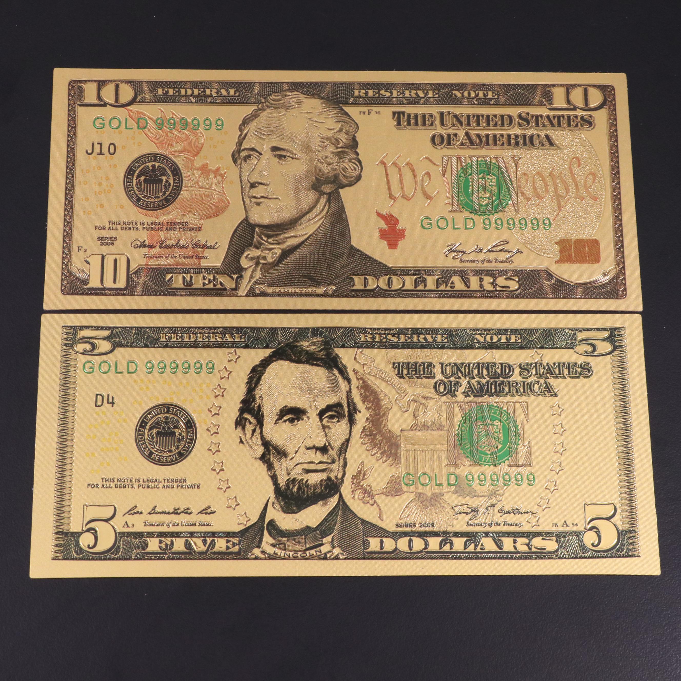 Eight-Piece 24K Gold Foil U.S. Banknotes Replica Set