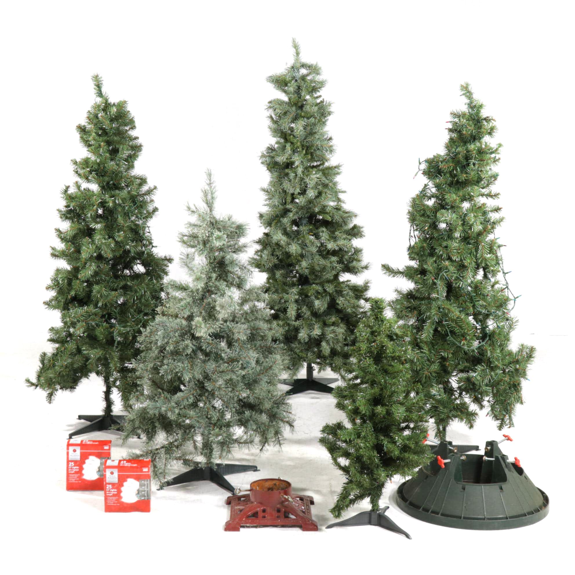 Five Artificial Christmas Trees of Various Sizes, Tree Stands and LED