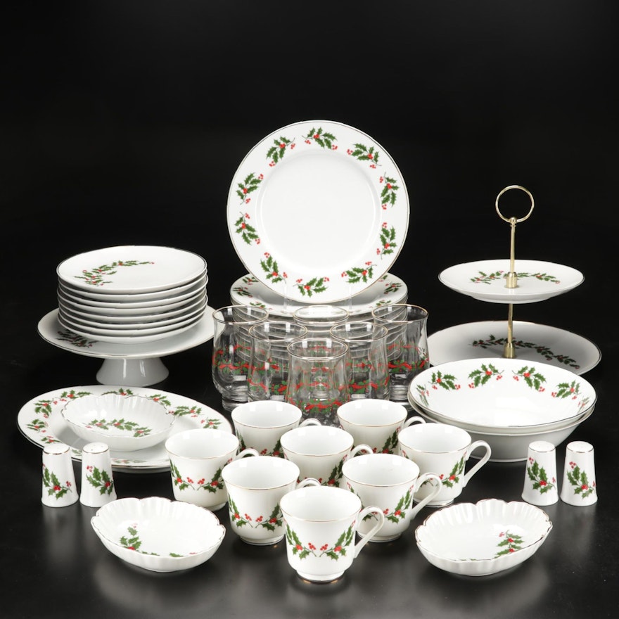 All the Trimmings "Christmas Holly" Porcelain Dinnerware and Libbey Tumblers