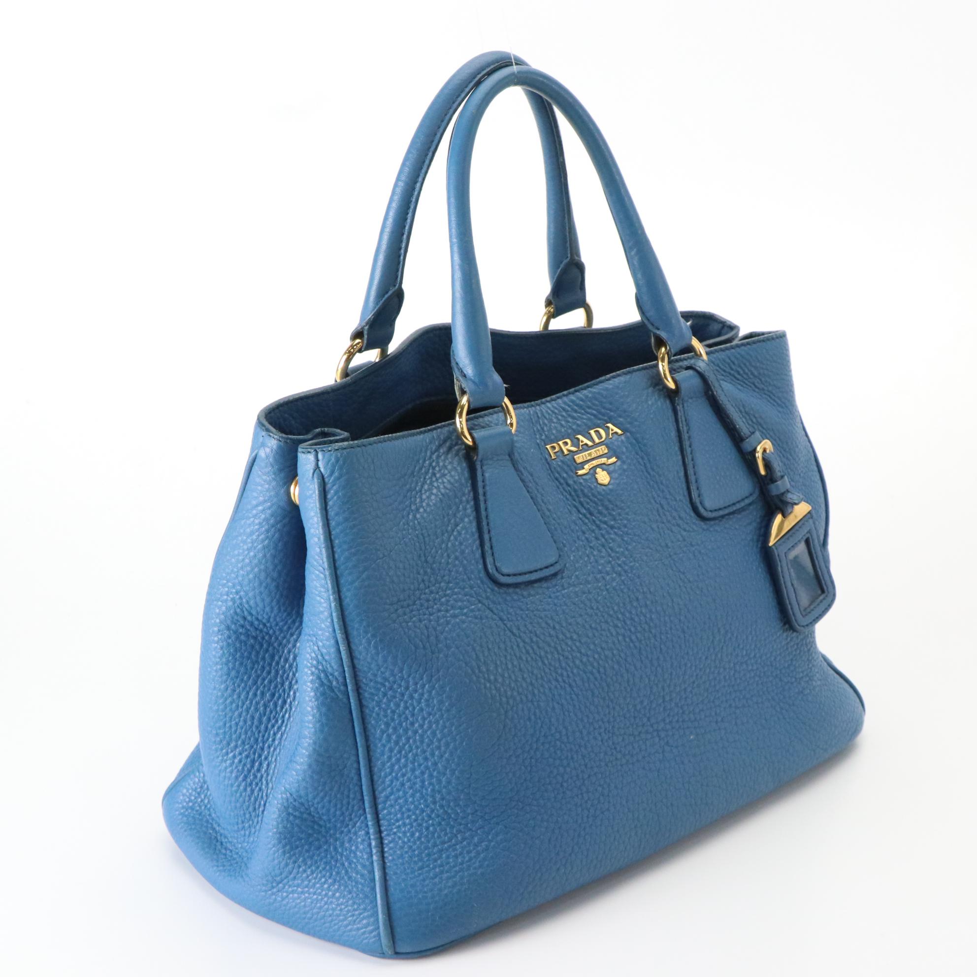 Prada Blue Vitello Daino Leather Tote Bag