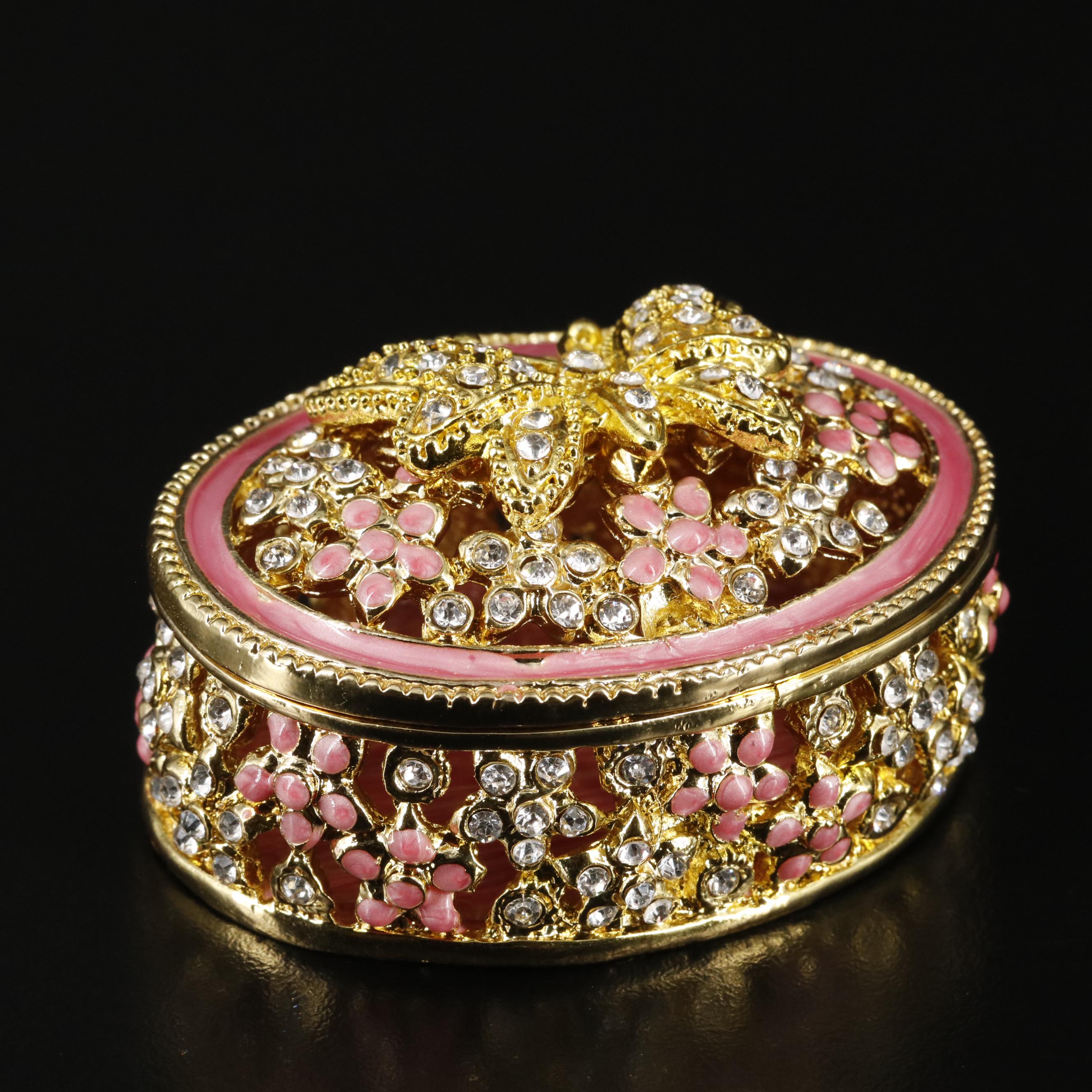 Embellished Metal Butterfly and Flowers Jewelry Case with Box